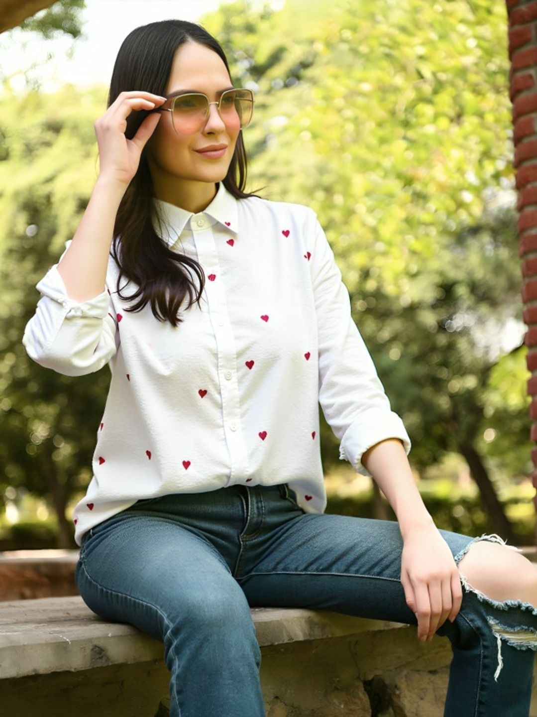 Women Regular Fit Embroidered Spread Collar Casual Shirt