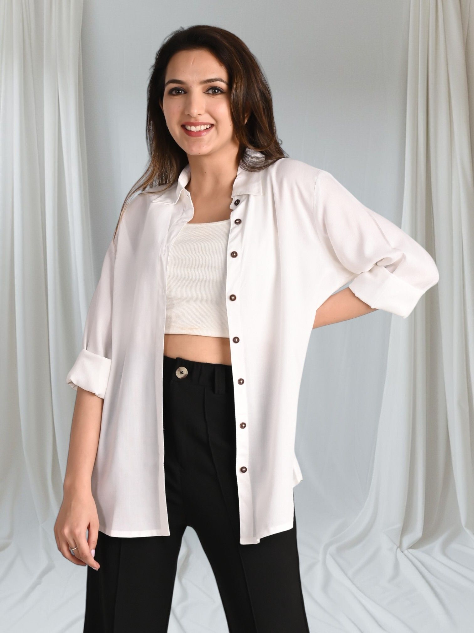 houseofcommon Women Oversized Fit Solid Spread Collar Casual Shirt-picture-27