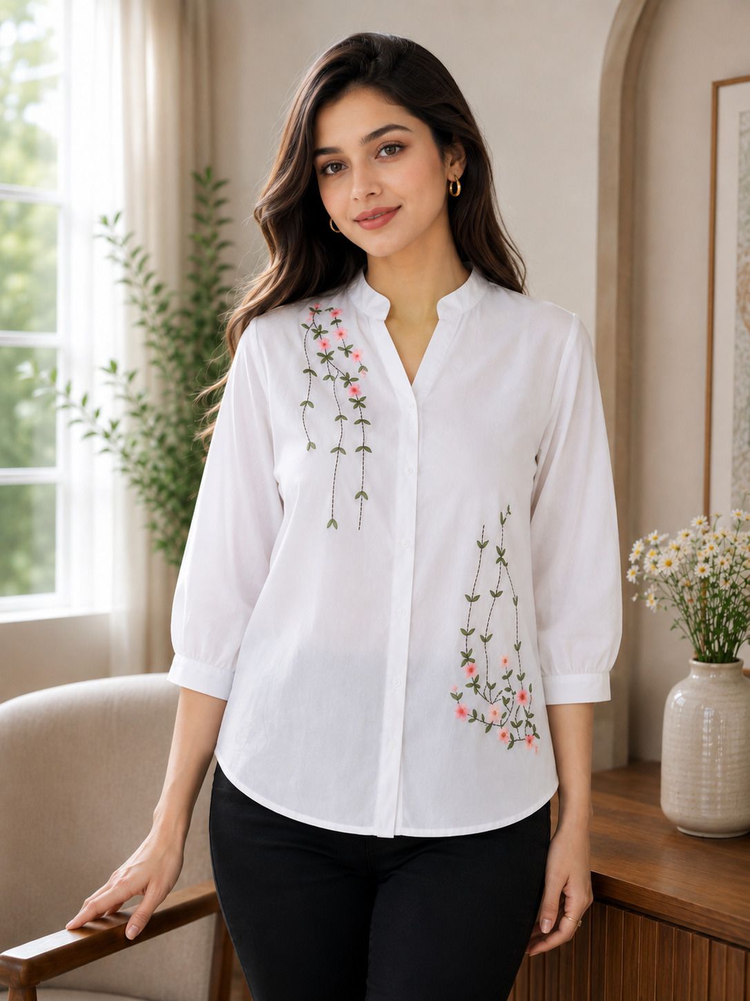 Women Regular Fit Embroidered Mandarin Collar Casual Shirt-image-34