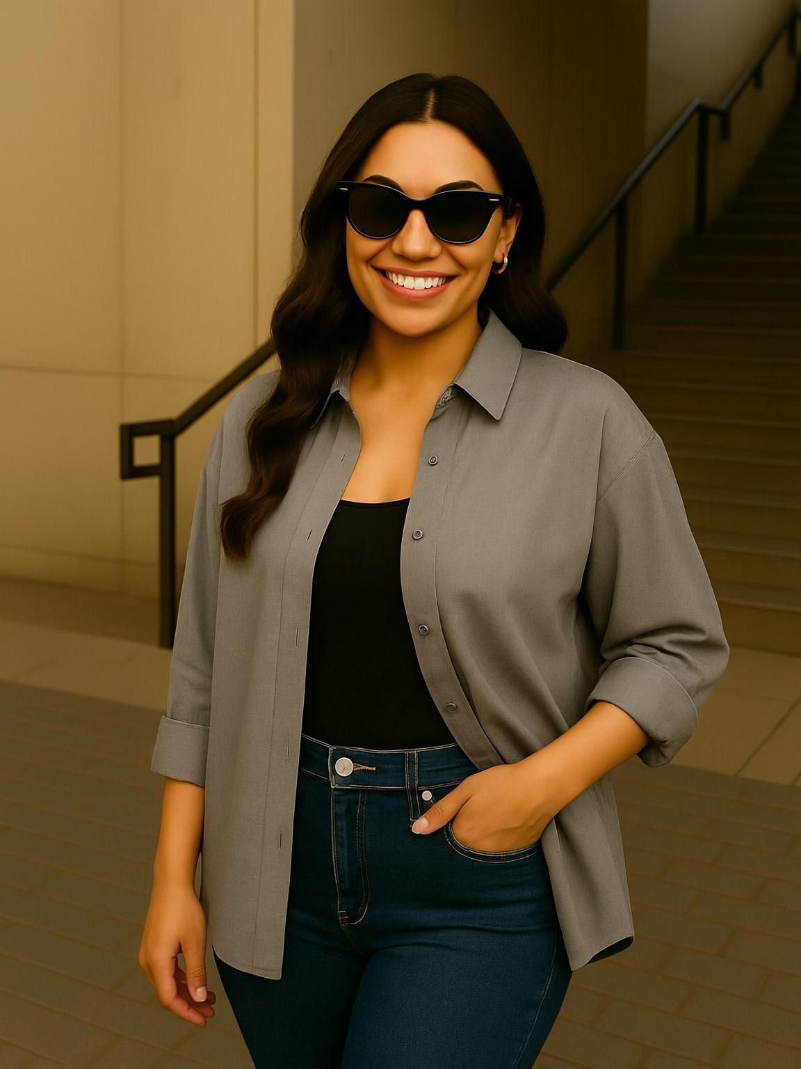 Women Oversized Fit Solid Button Down Collar Casual Shirt-image-39