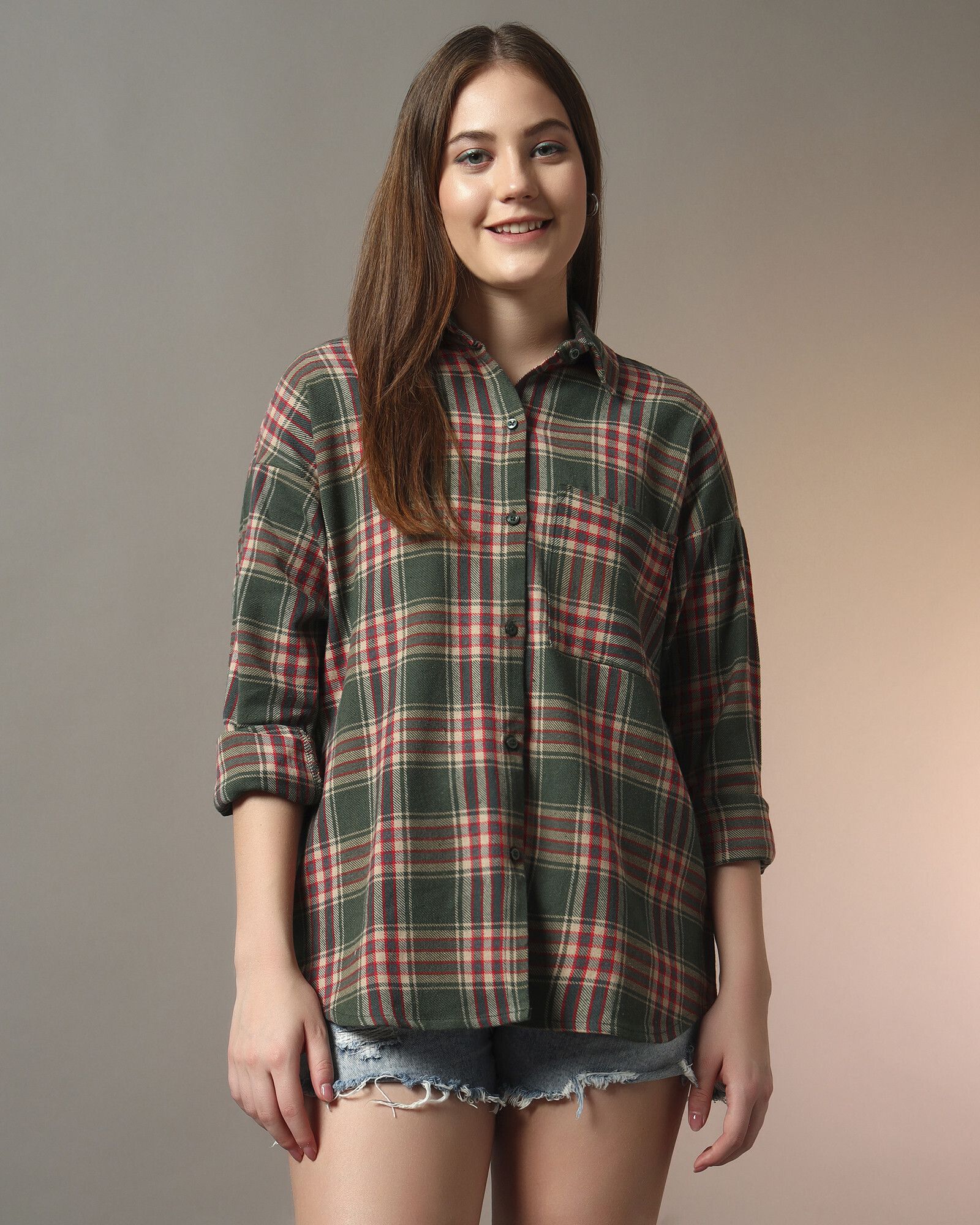 chimpaaanzee Women Oversized Fit Checkered Spread Collar Casual Shirt-picture-3