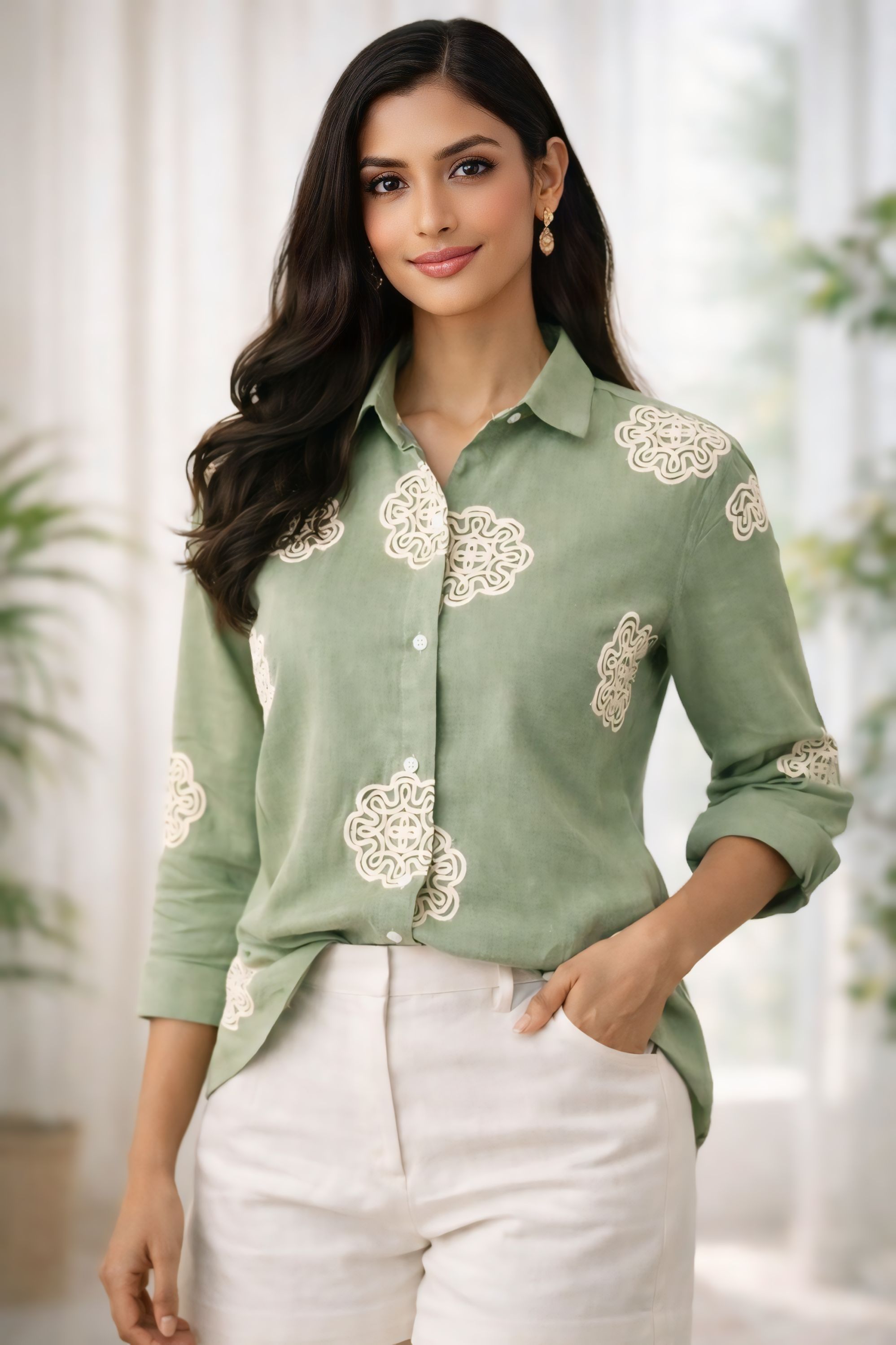 Women Regular Fit Embroidered Ribbed Collar Casual Shirt-image-44