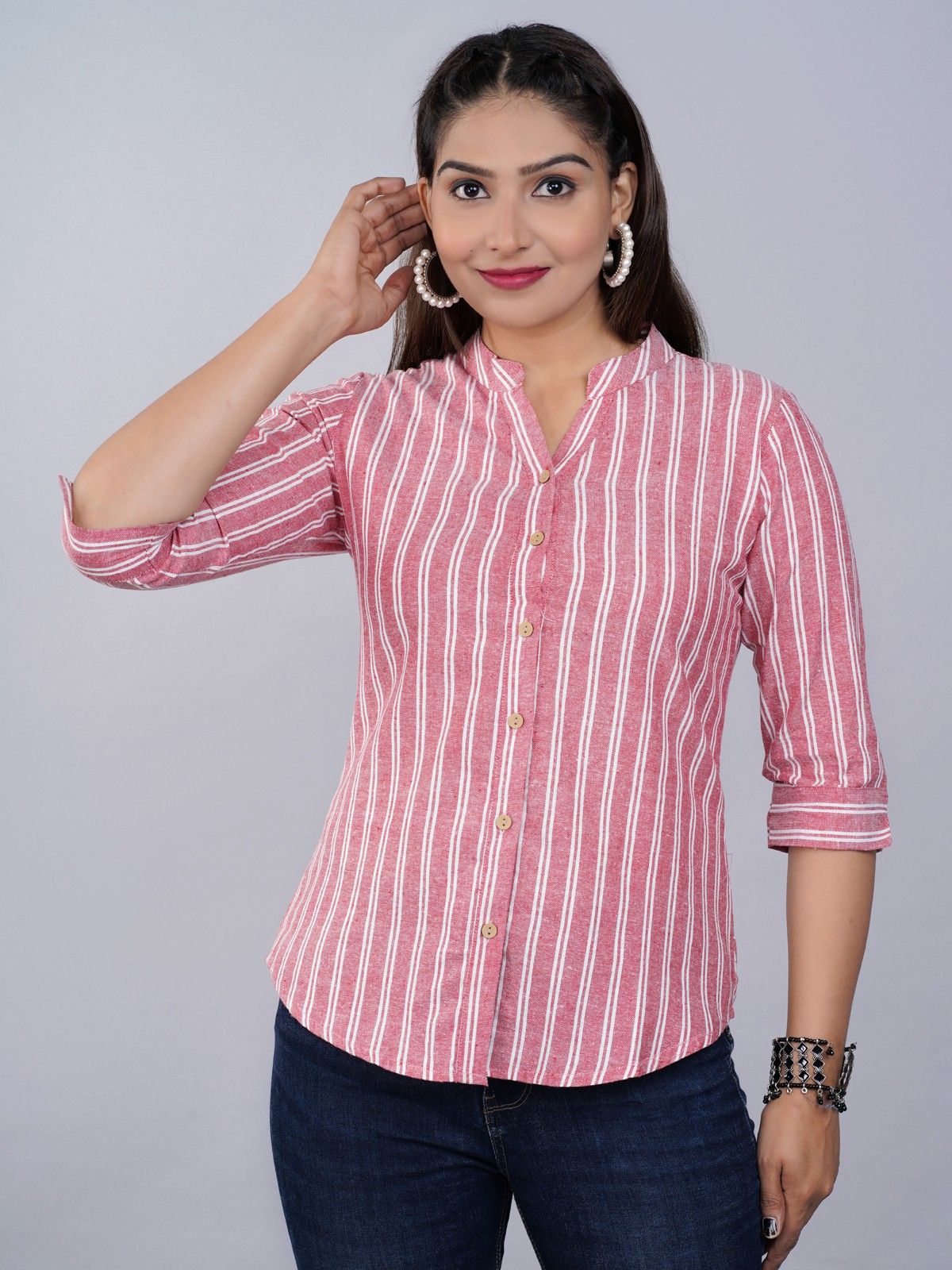 fabisho Women Regular Fit Striped Mandarin Collar Casual Shirt-picture-1