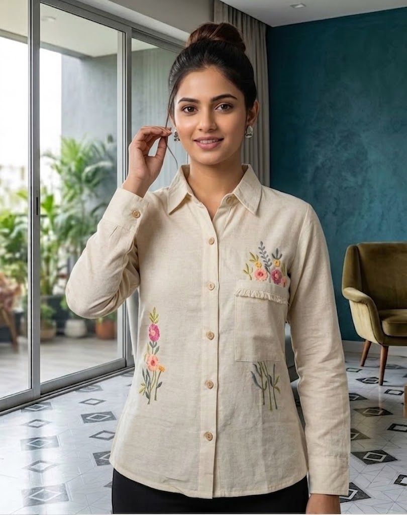 Women Regular Fit Embroidered Spread Collar Casual Shirt-image-38