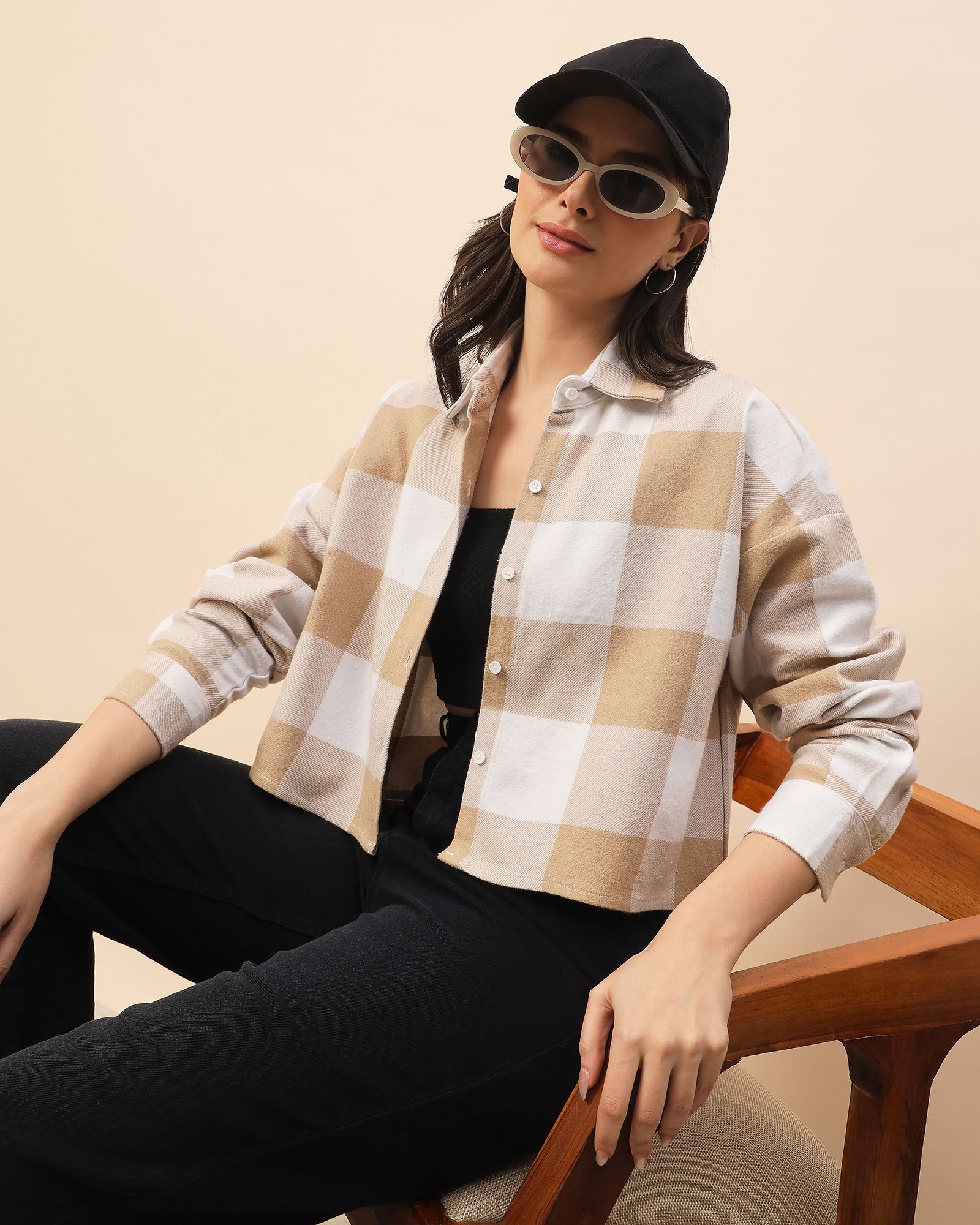 Women Oversized Fit Checkered Spread Collar Casual Shirt-image-24