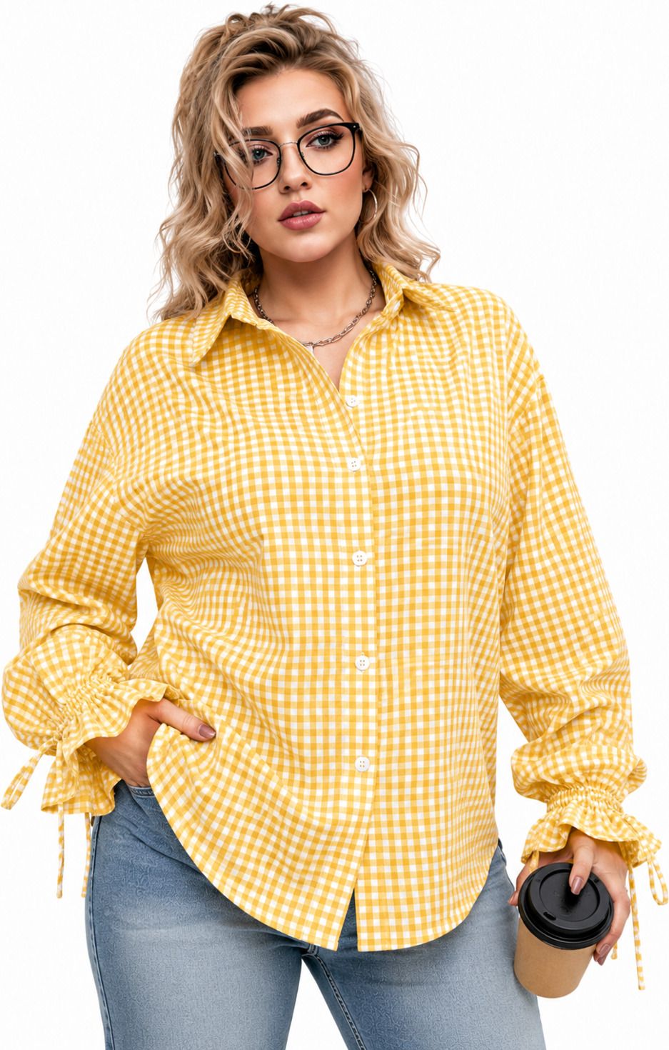 qtsy Women Relaxed Fit Checkered Spread Collar Casual Shirt-picture-48
