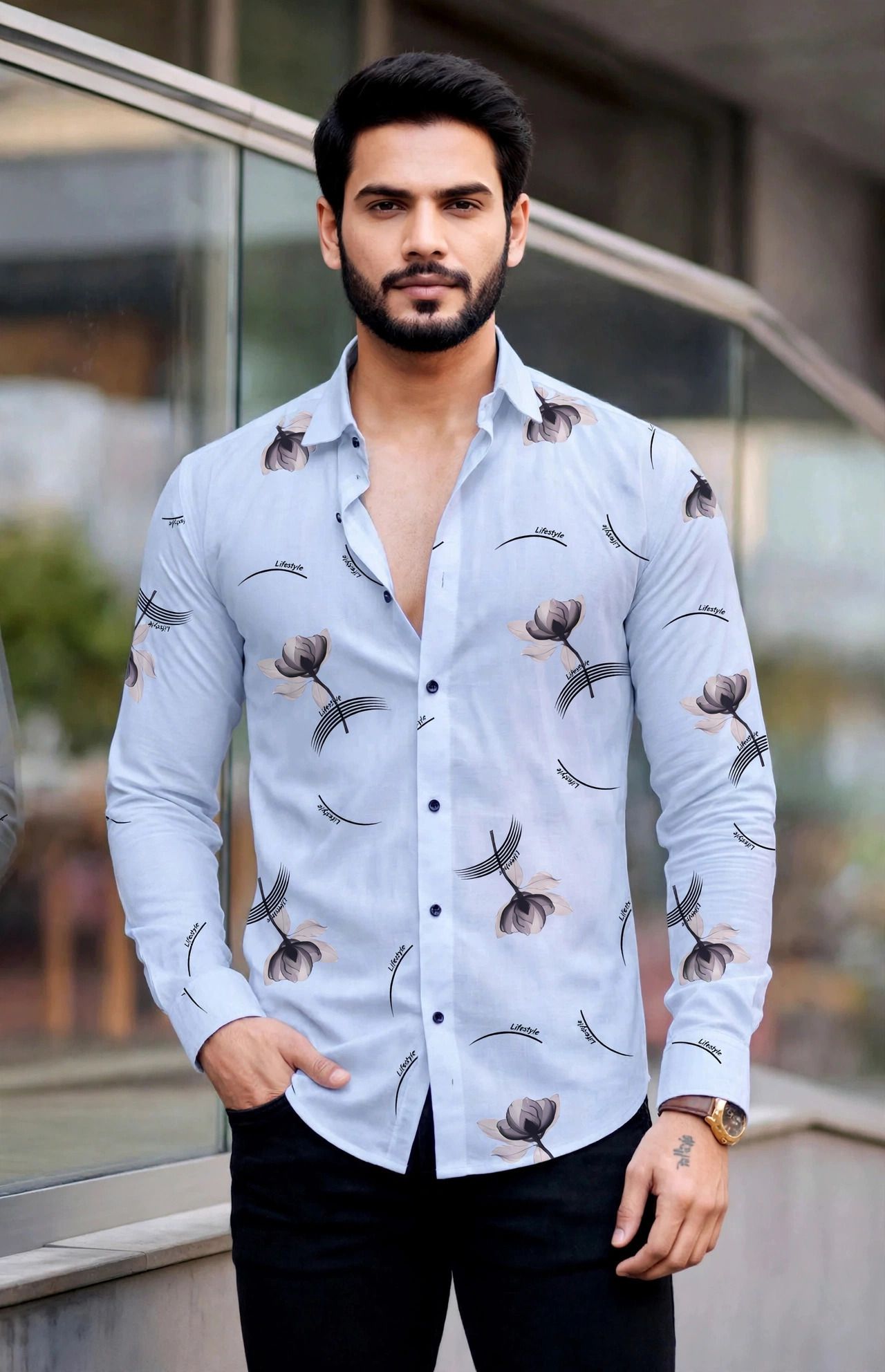 Men Slim Fit Floral Print Spread Collar Casual Shirt-image-3