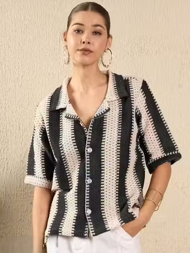 Women Boxy Fit Striped Spread Collar Casual Shirt-image-37