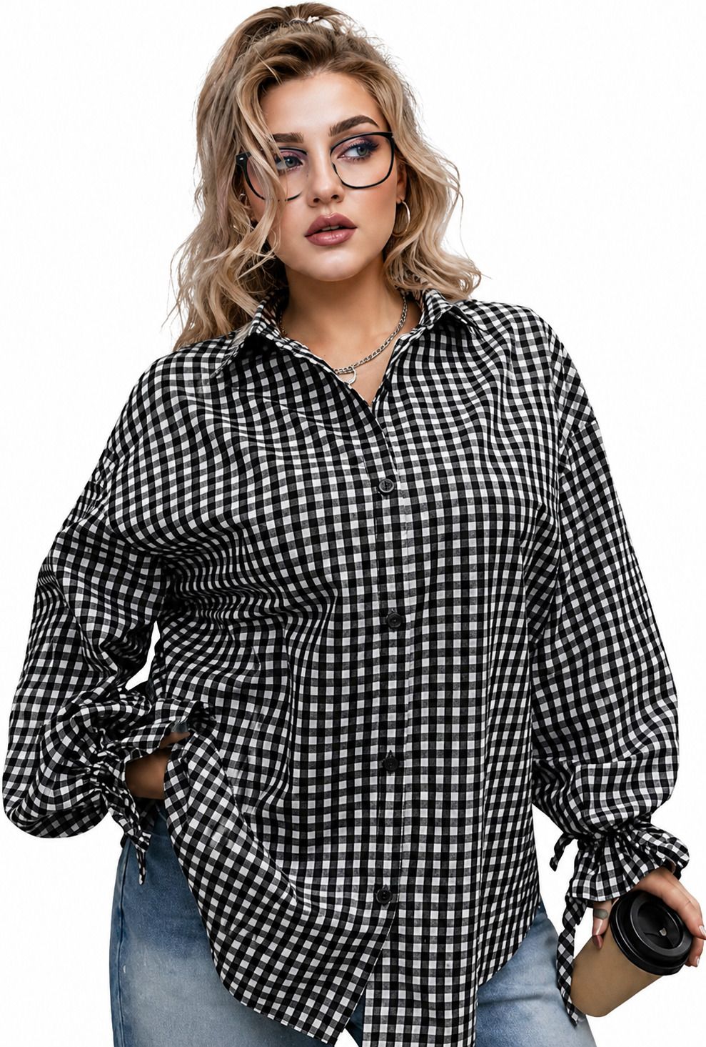 qtsy Women Relaxed Fit Checkered Spread Collar Casual Shirt-picture-35