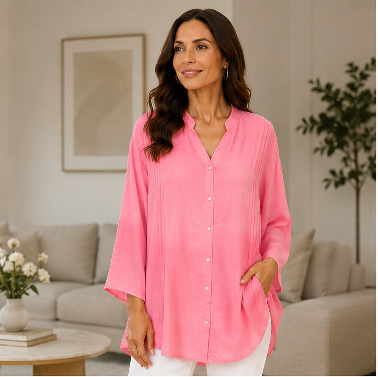 Women Relaxed Fit Solid Mandarin Collar Casual Shirt-image-44