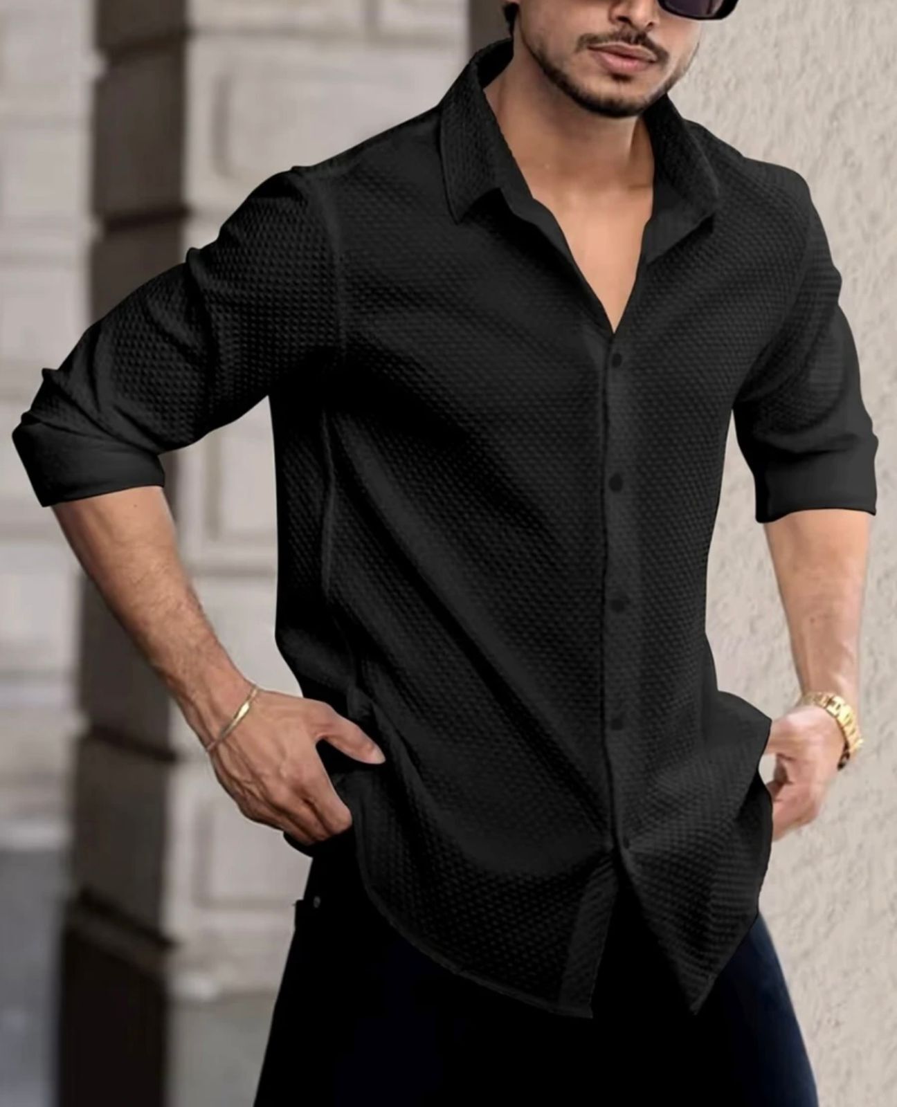 jackbella Men Regular Fit Self Design Spread Collar Casual Shirt-picture-0