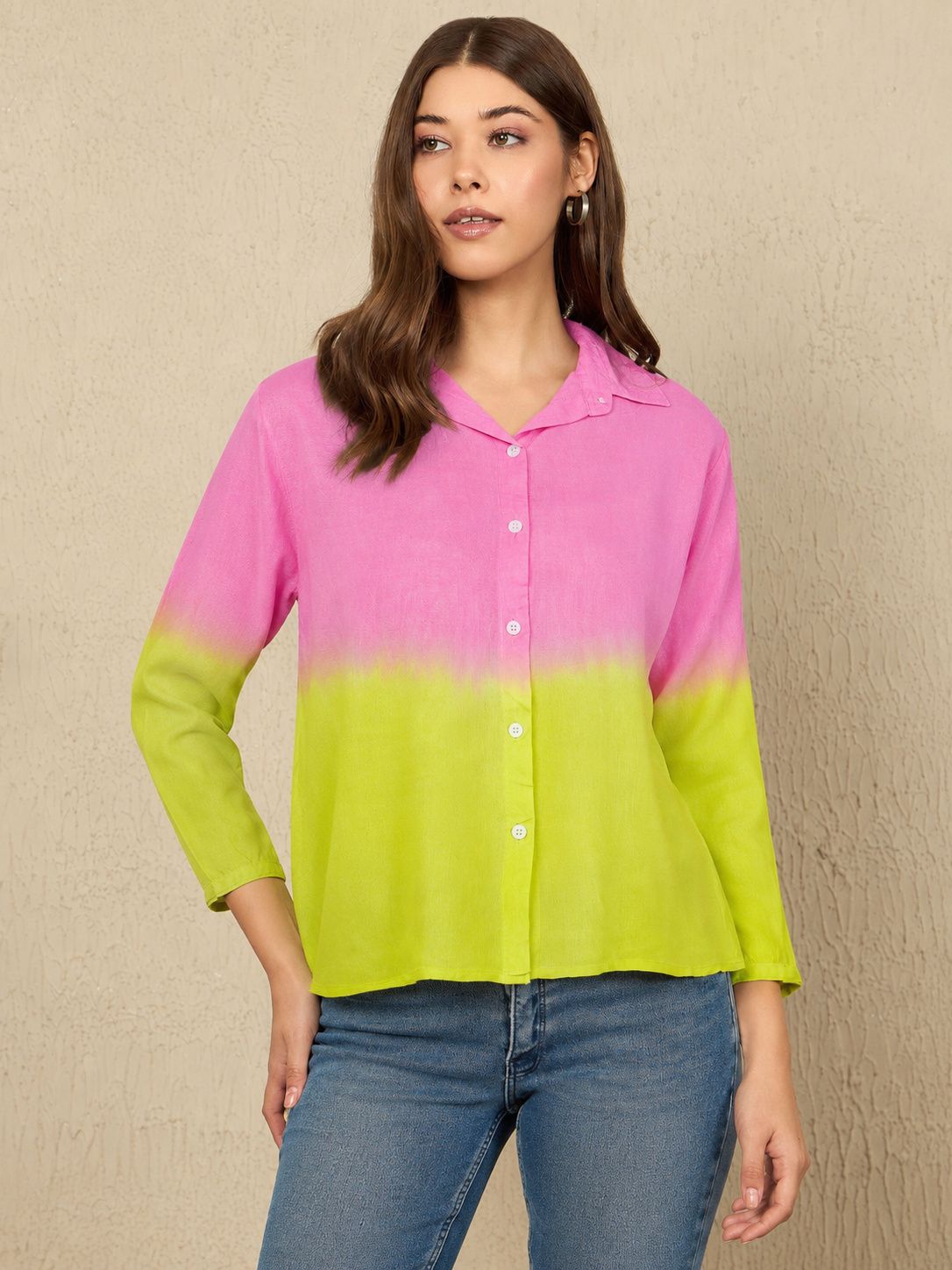 house of urban naari Women Relaxed Fit Dyed/Ombre Spread Collar Casual Shirt-picture-19