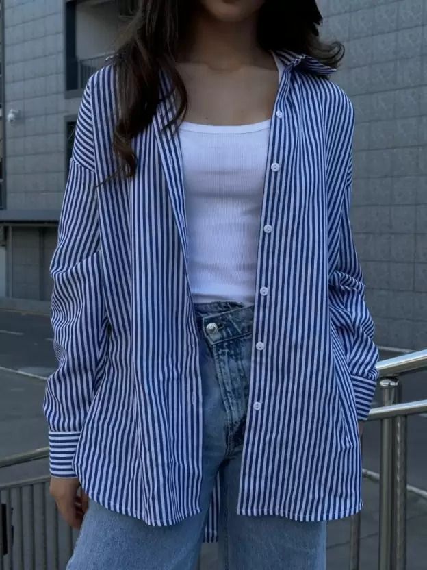 houseofcommon Women Oversized Fit Striped Spread Collar Casual Shirt-picture-18
