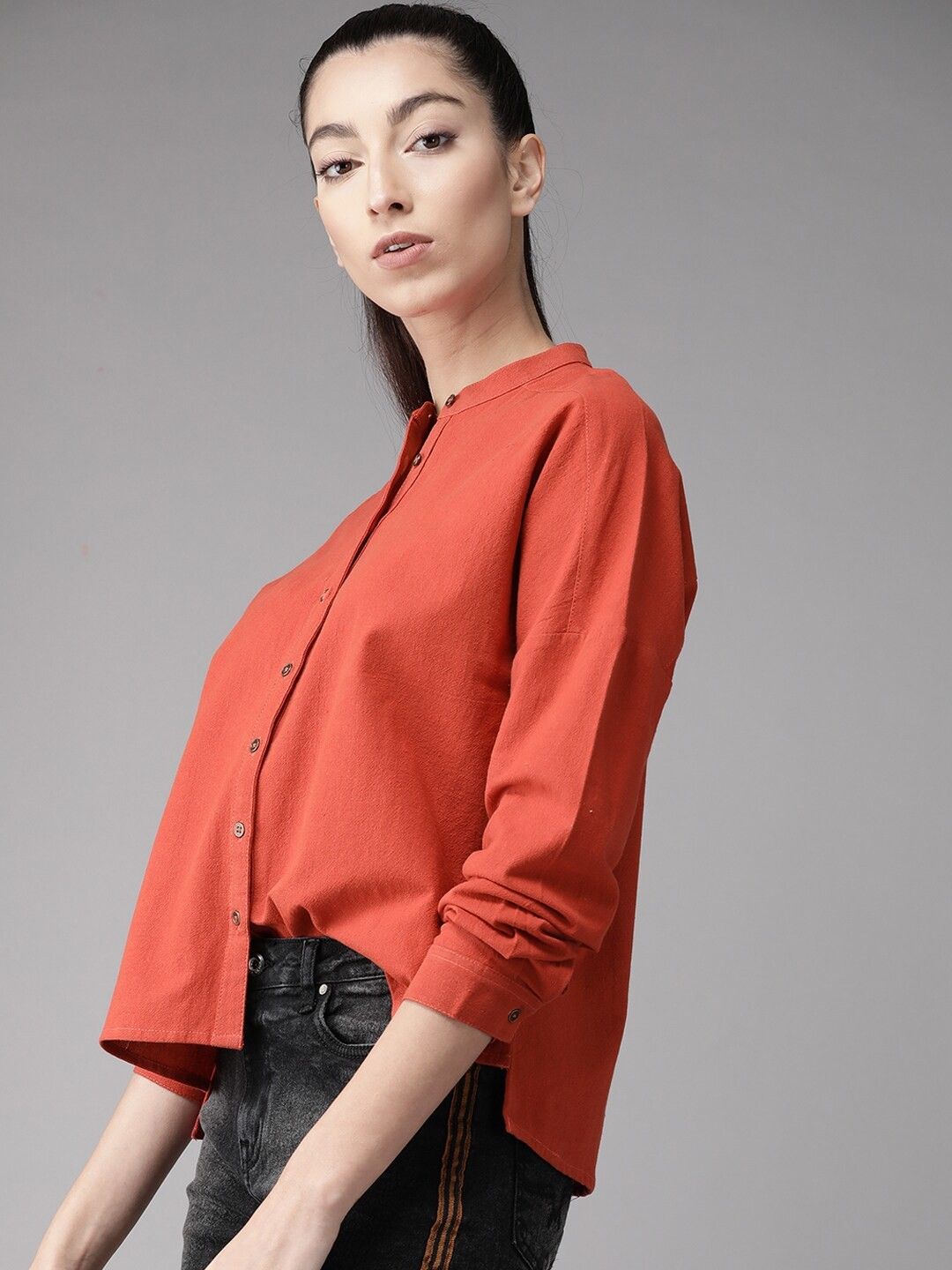 roadster Women Boxy Fit Solid Mandarin Collar Casual Shirt-picture-44
