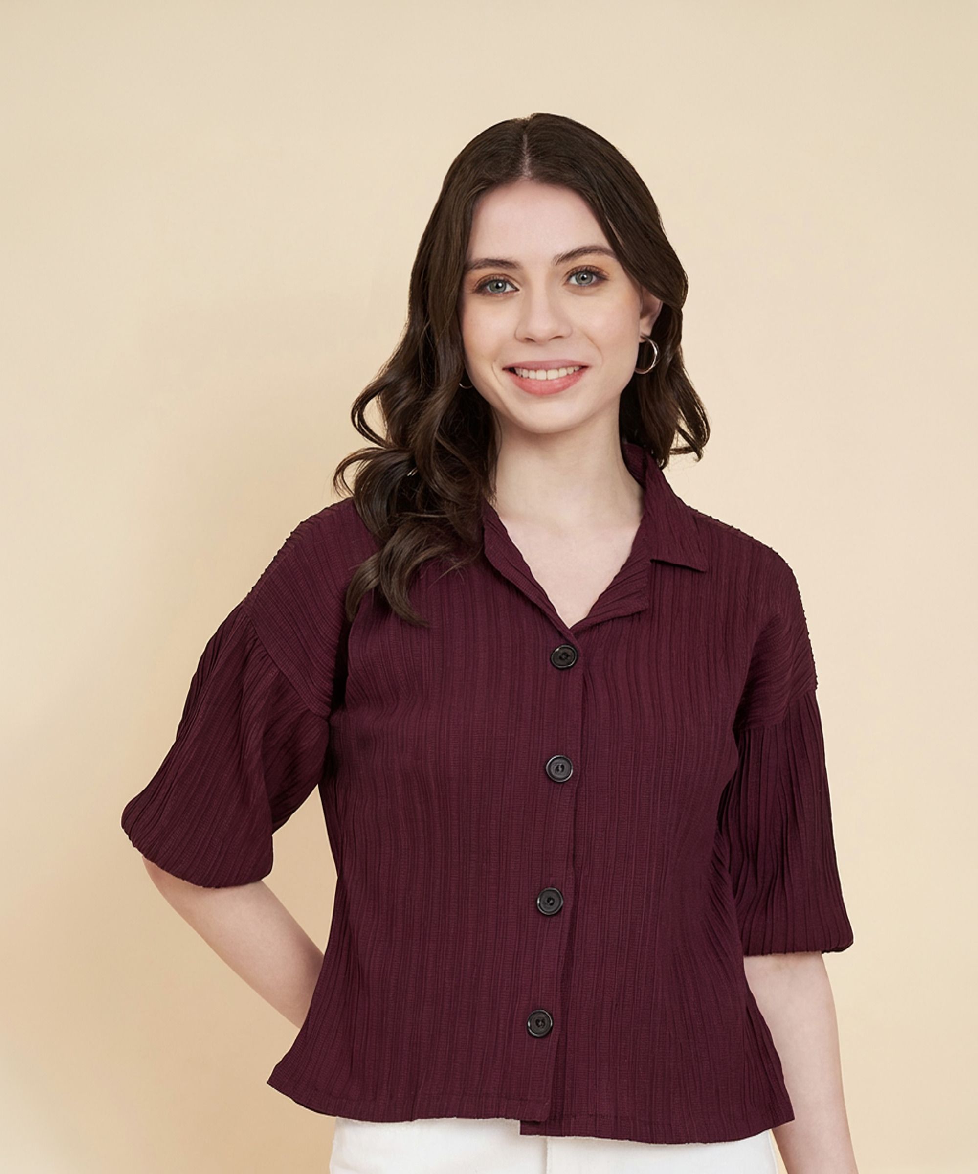 Women Regular Fit Solid Lapel Collar Casual Shirt