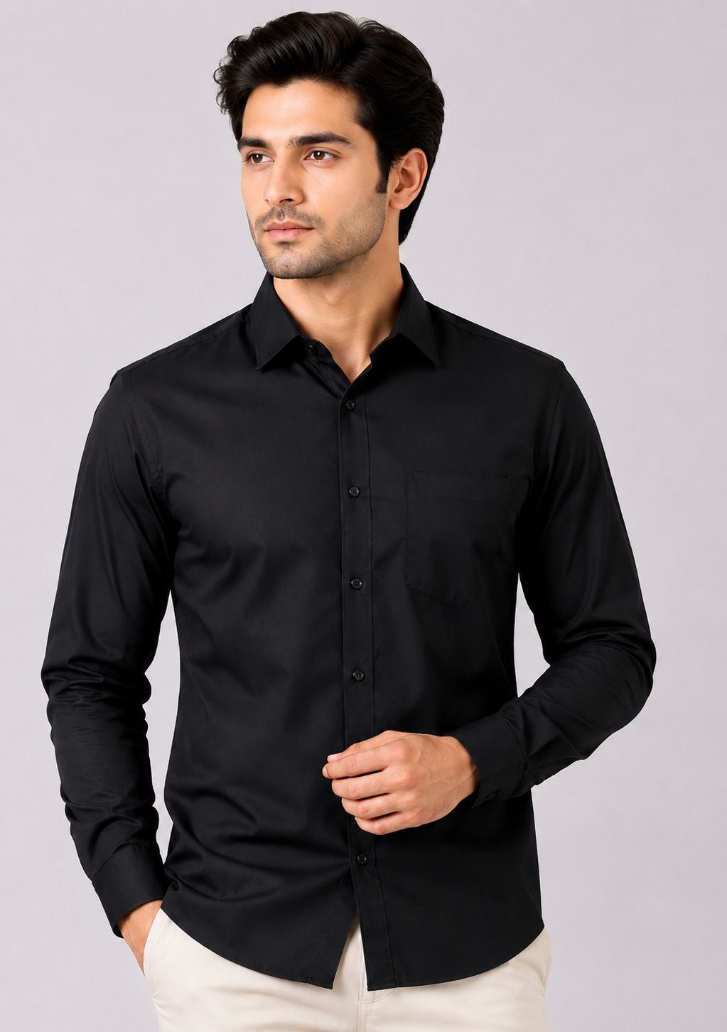 Men Regular Fit Solid Spread Collar Casual Shirt-image-3