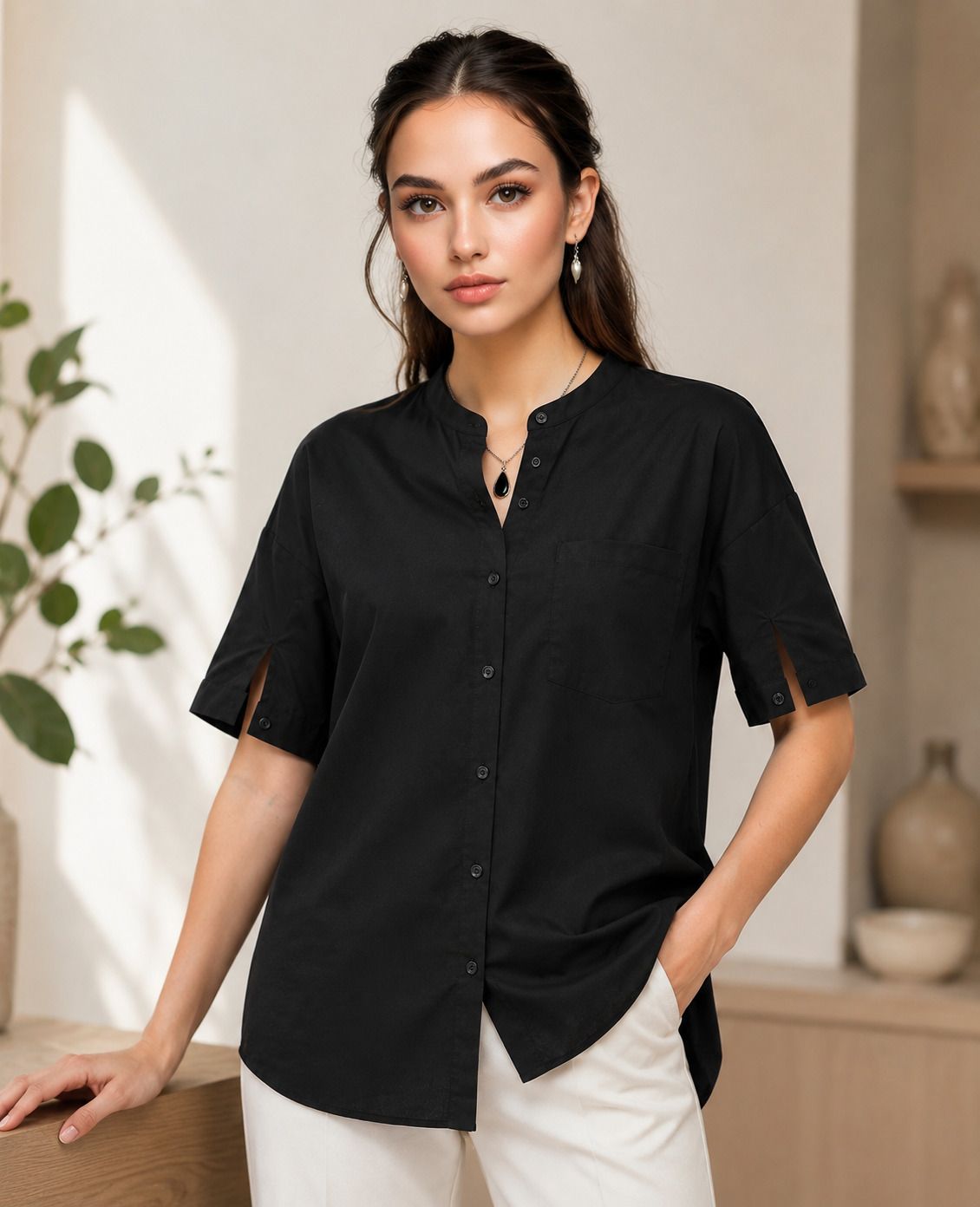 tinz Women Regular Fit Solid Cut Away Collar Casual Shirt-picture-46
