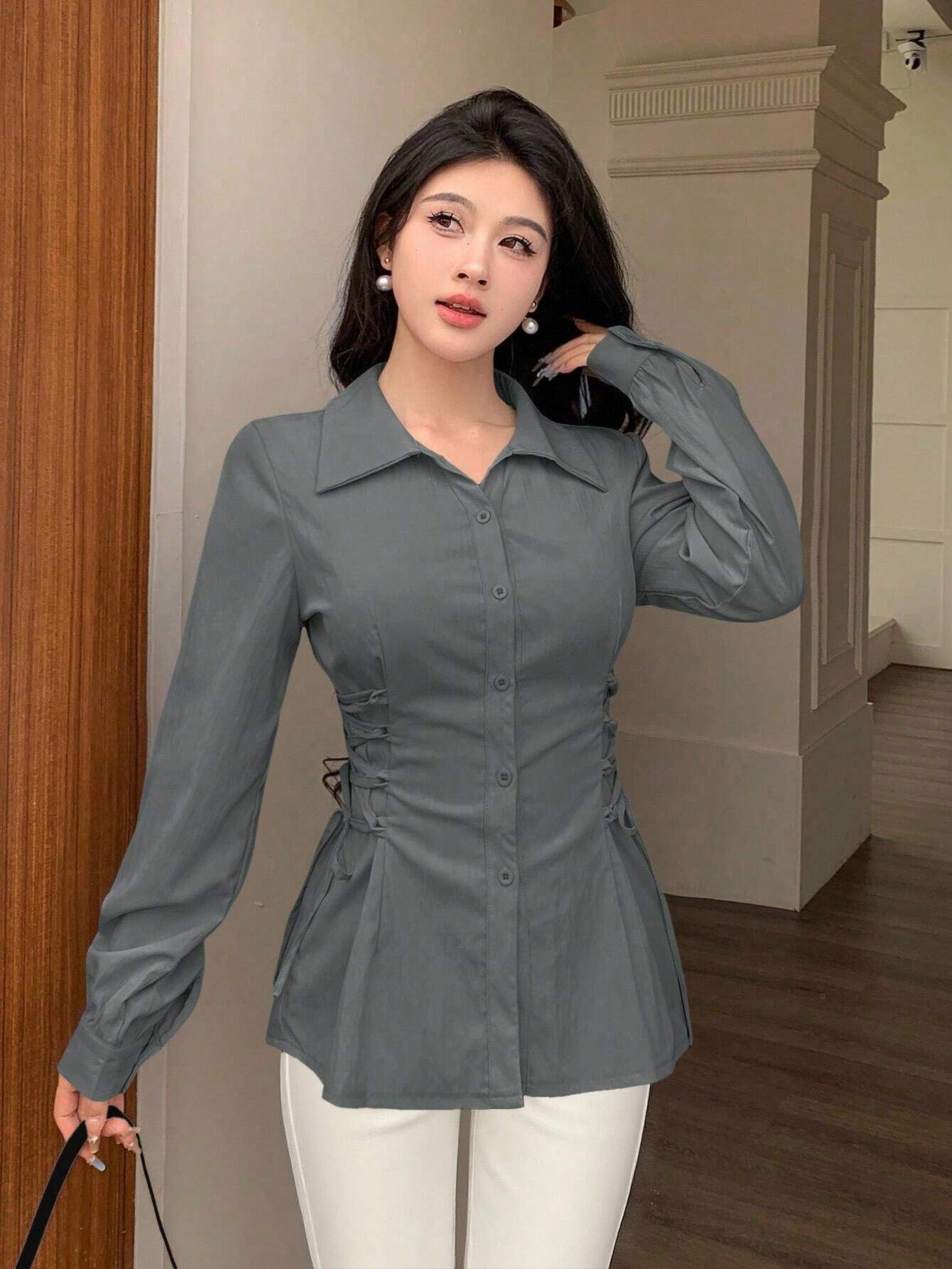Women Slim Fit Solid Spread Collar Party Shirt-image-20