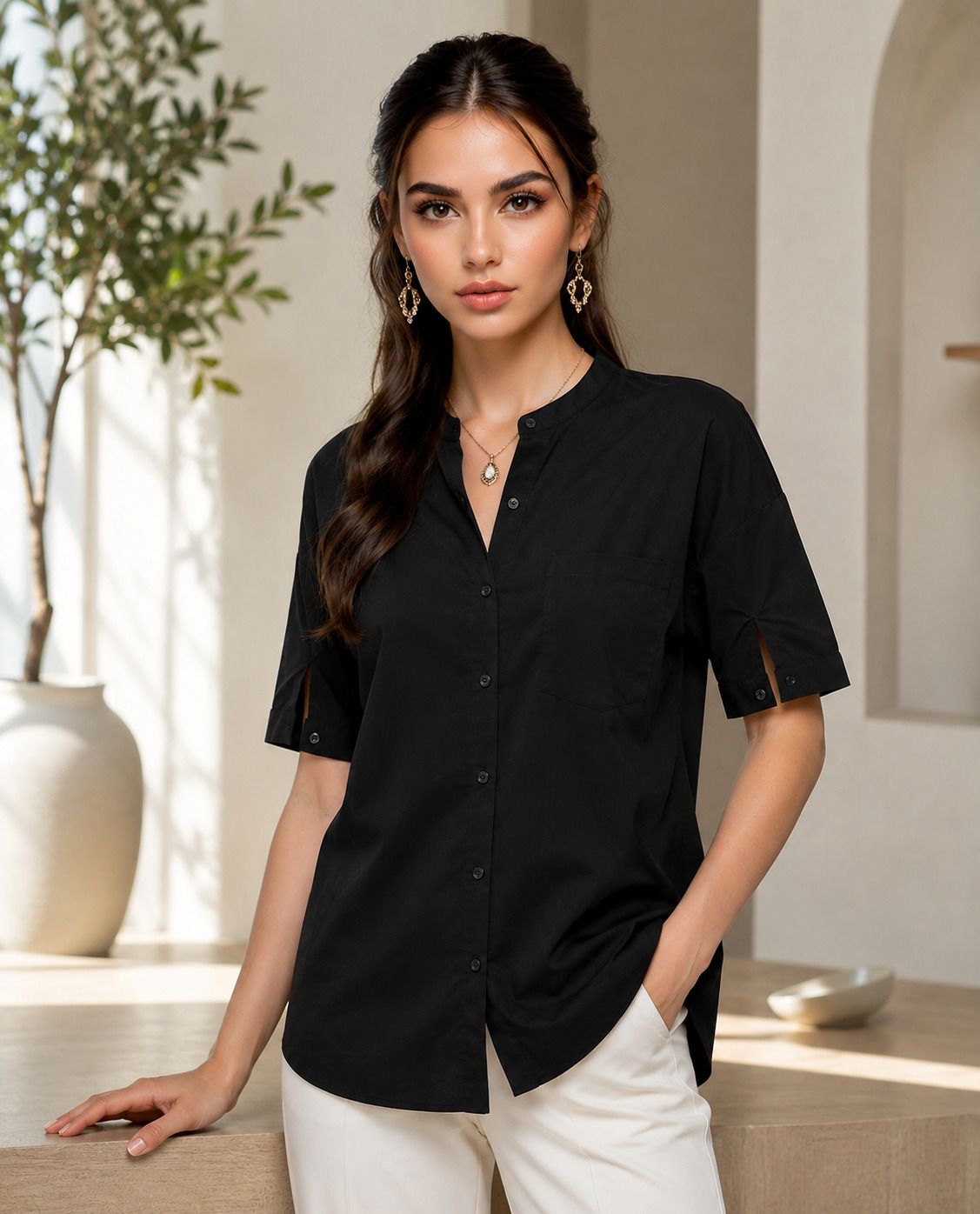 tinz Women Regular Fit Solid Cut Away Collar Casual Shirt-picture-11