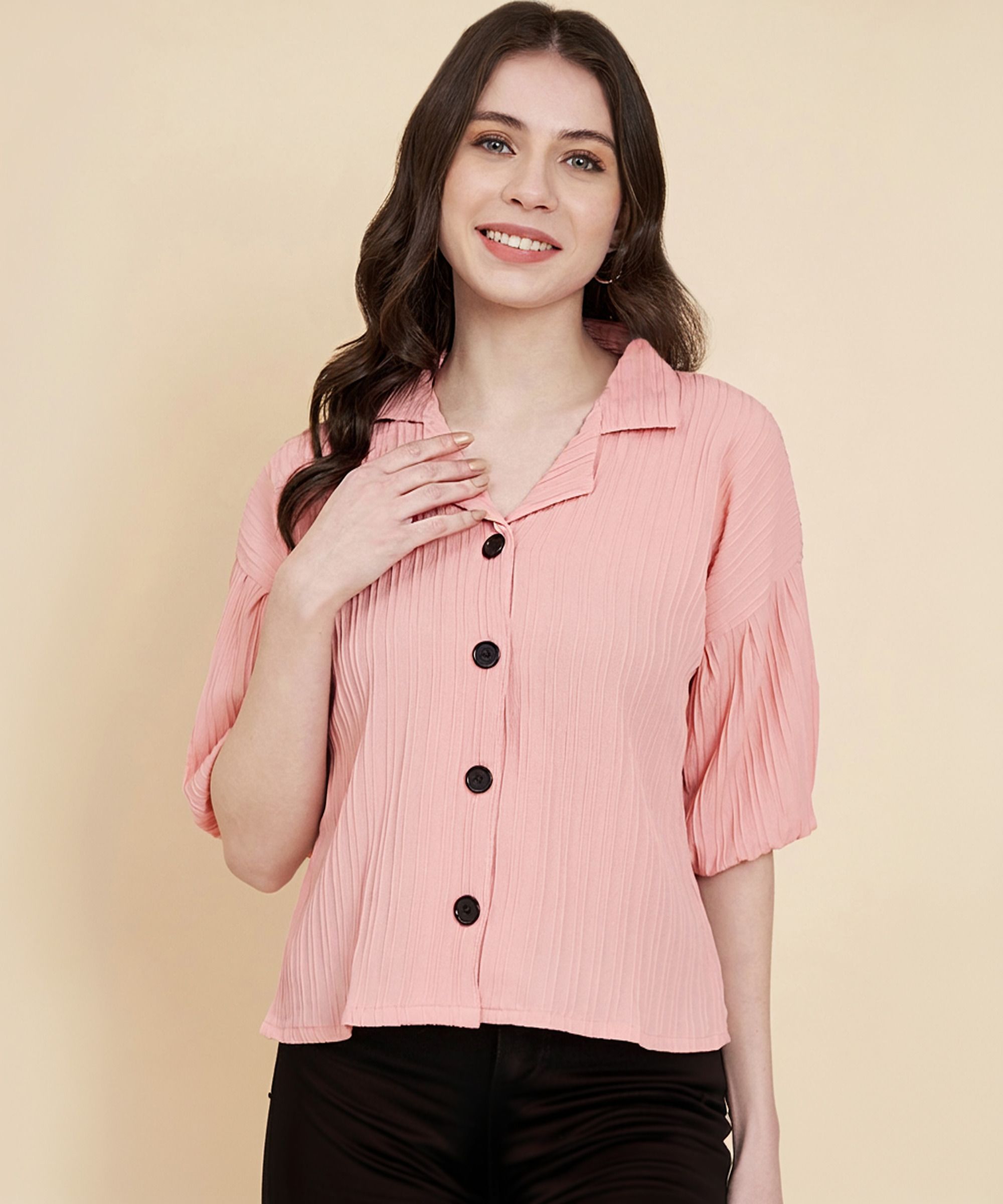 Women Regular Fit Solid Lapel Collar Casual Shirt