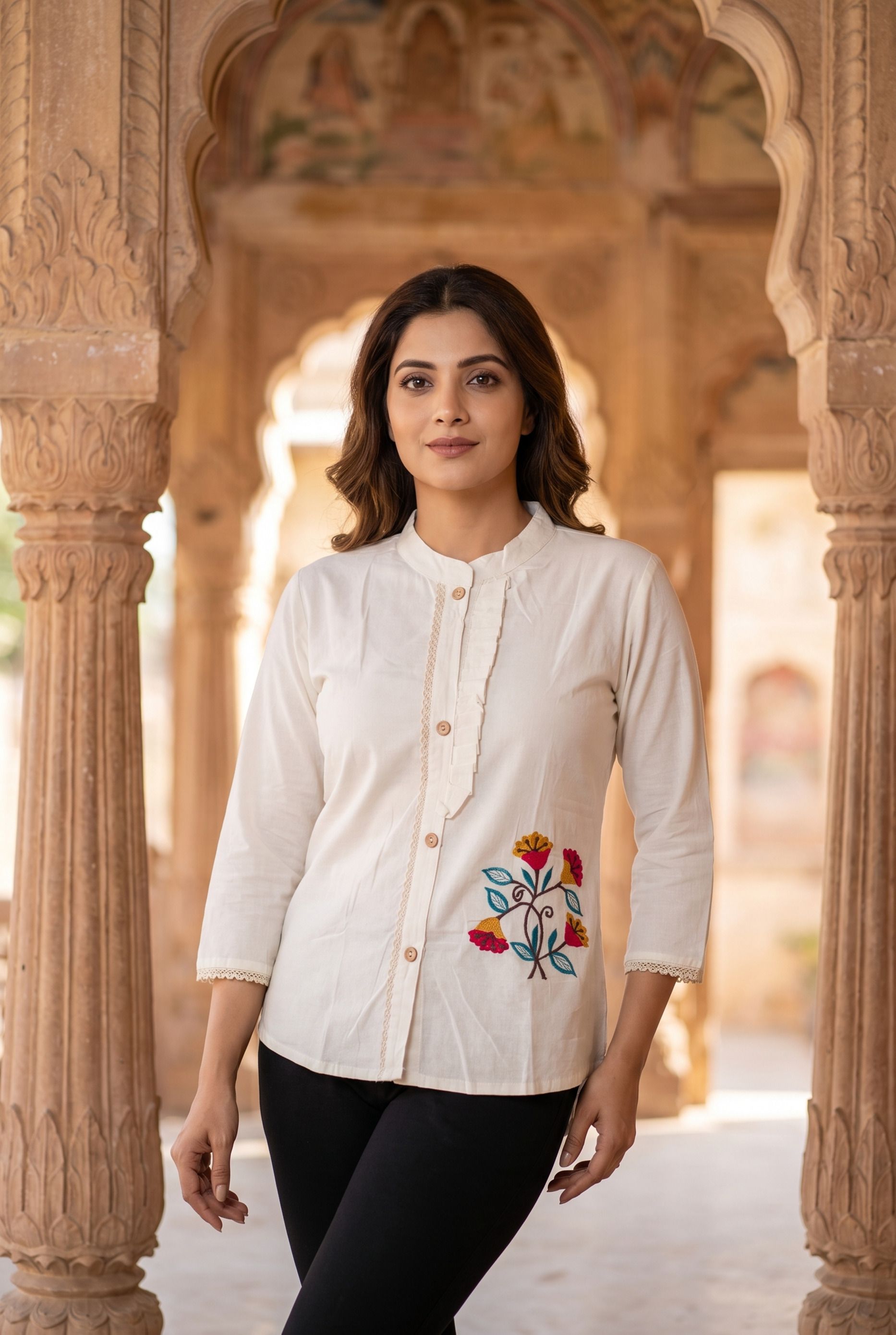 Women Regular Fit Embroidered Mandarin Collar Casual Shirt-image-33
