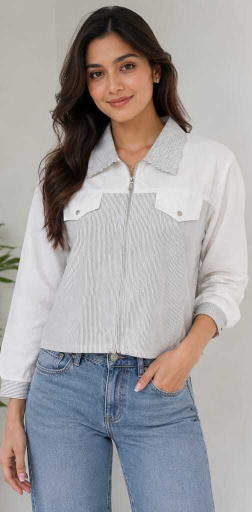Women Oversized Fit Striped, Color Block Spread Collar Casual Shirt-image-5