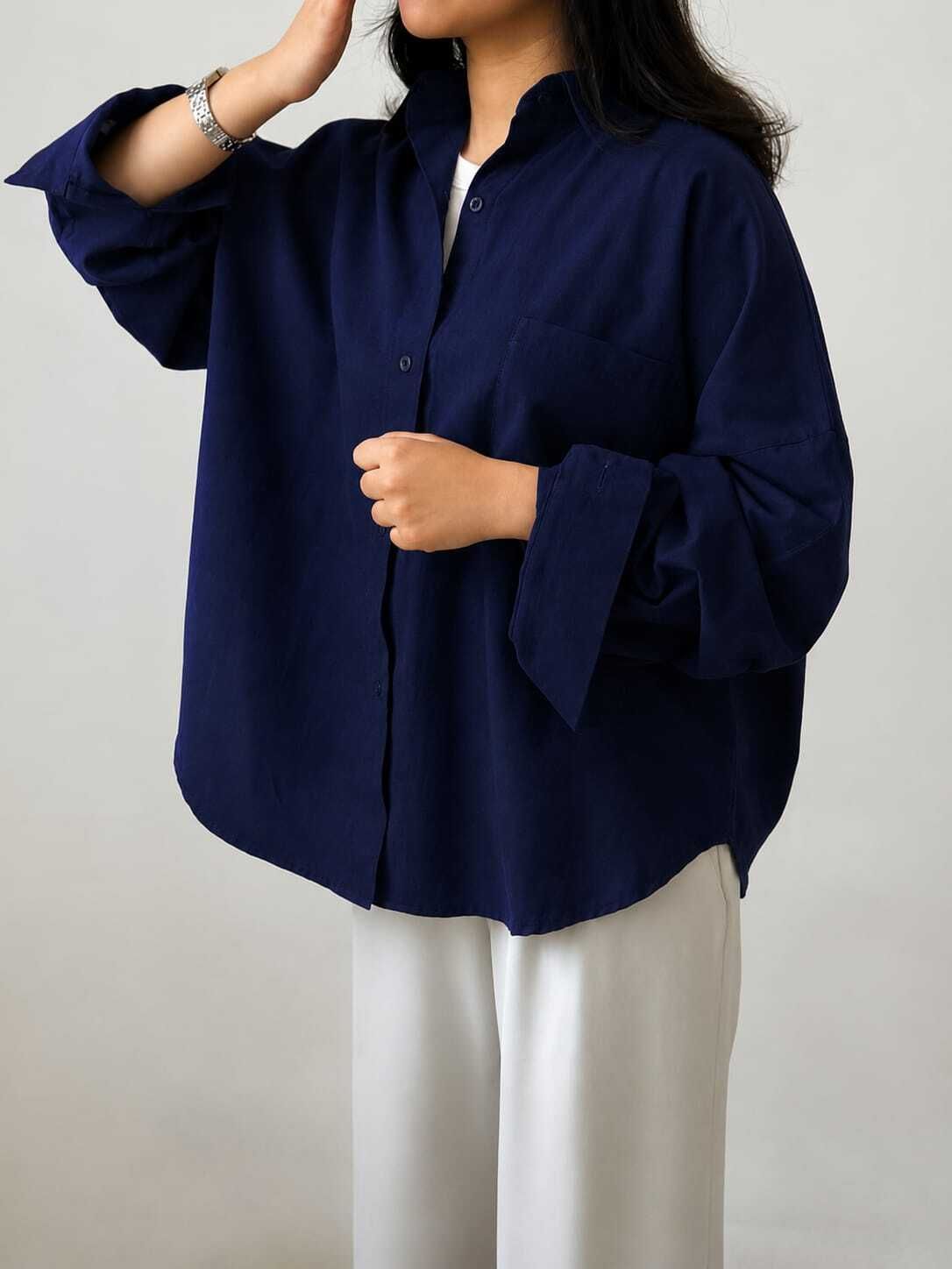 Women Oversized Fit Solid Mandarin Collar Casual Shirt-image-41