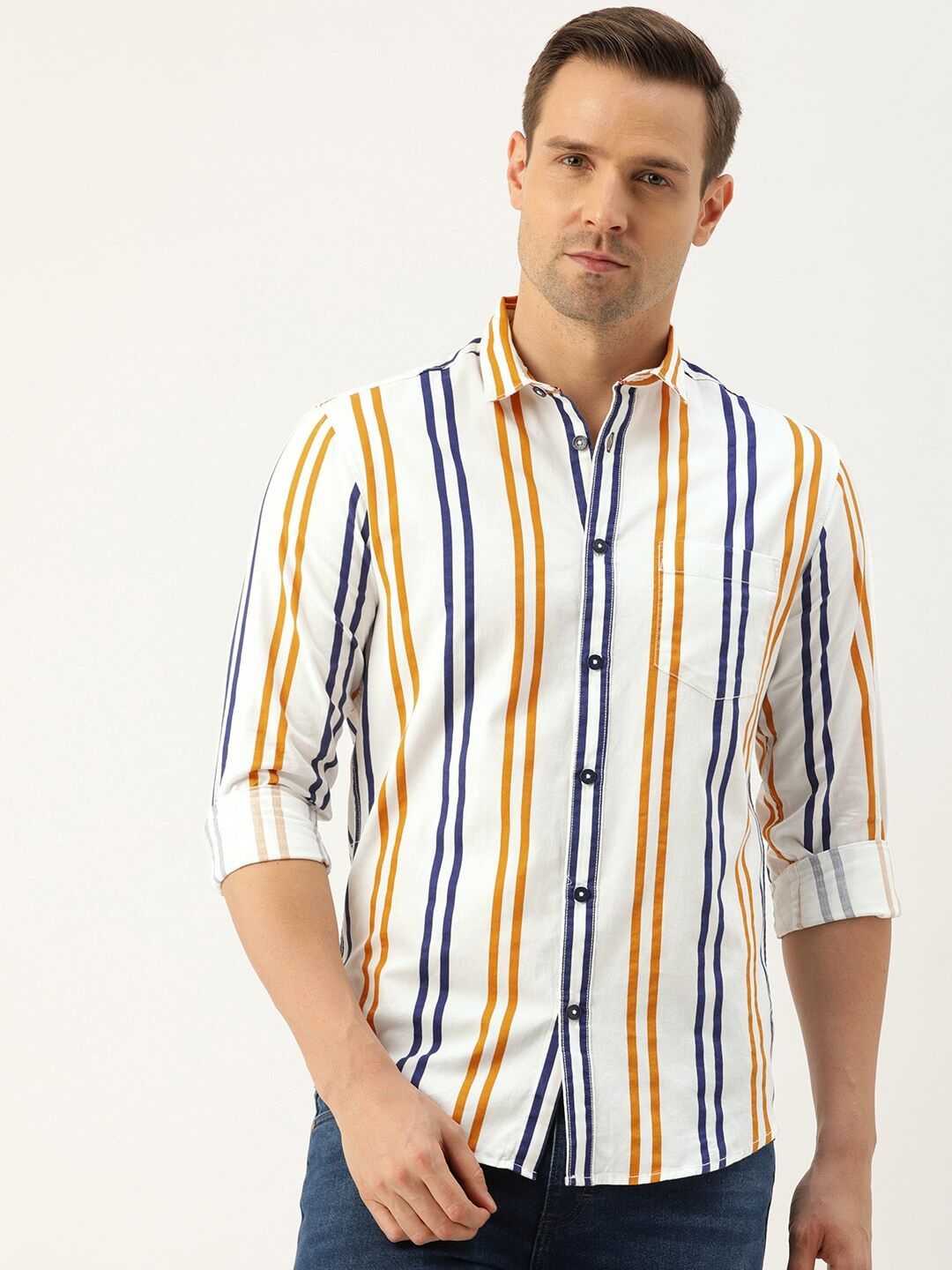 the indian garage co. Men Slim Fit Striped Cut Away Collar Casual Shirt-picture-22
