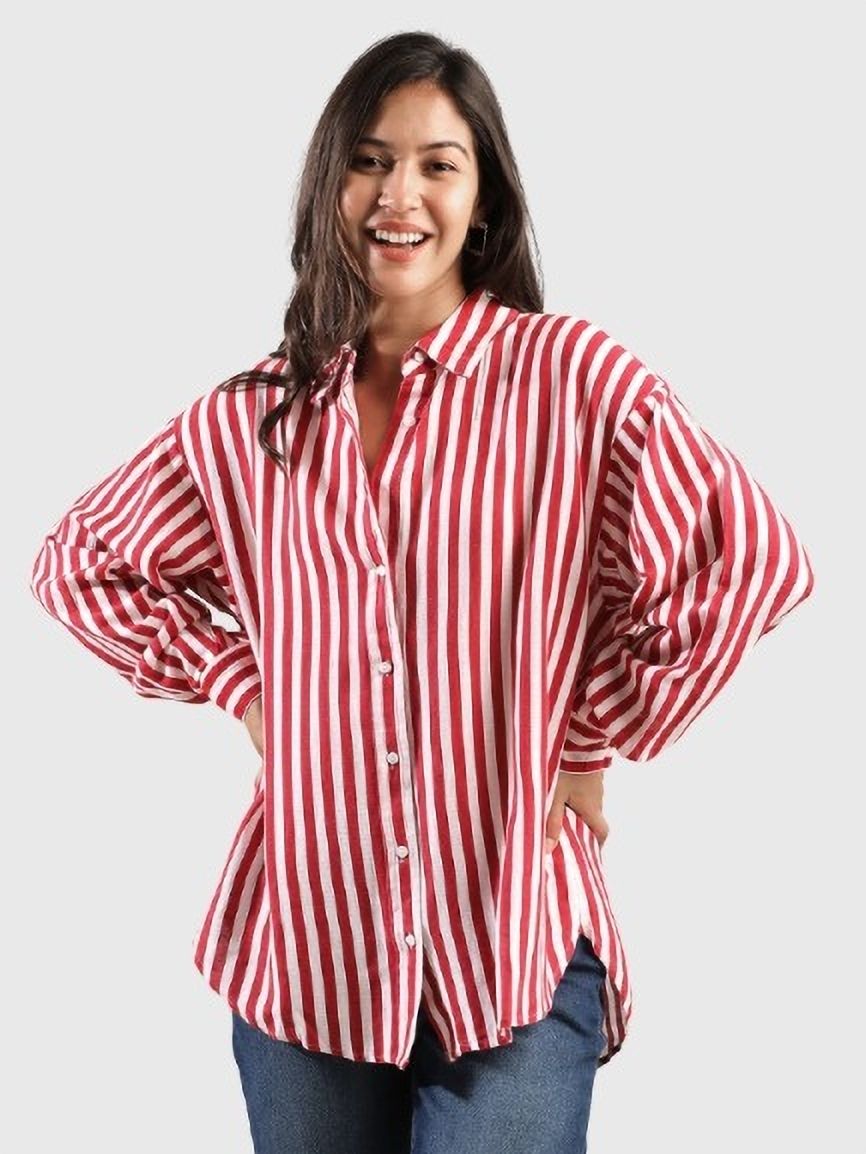 radhe enterprise Women Regular Fit Striped Cut Away Collar Casual Shirt-picture-28