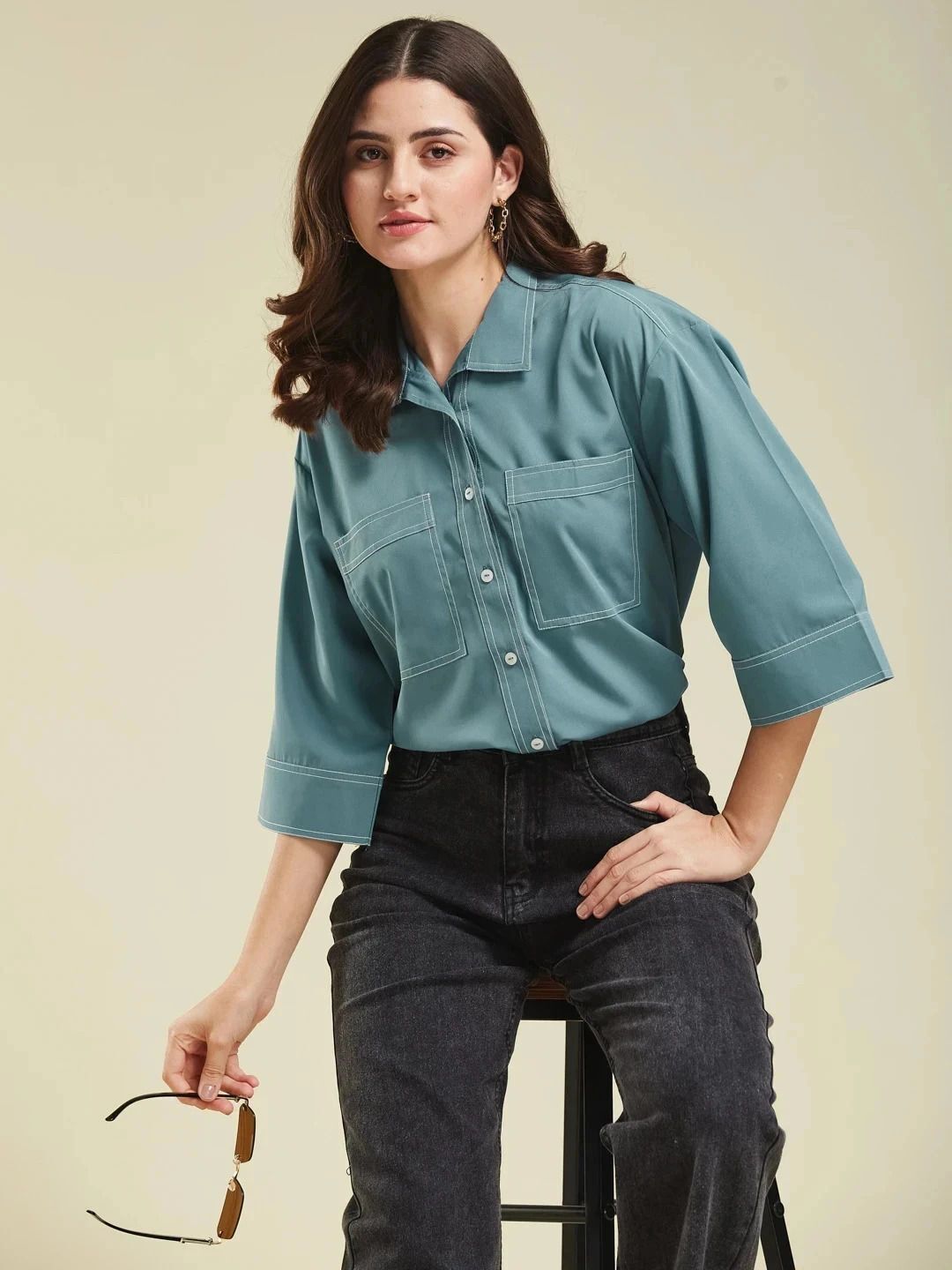 j turritopsis Women Boxy Fit Solid Curved Collar Casual Shirt-picture-30