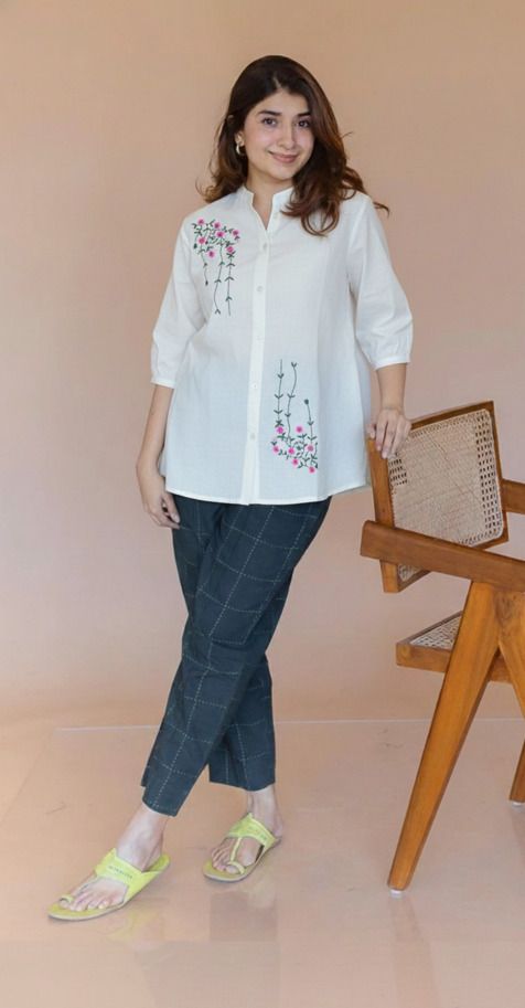 Women Regular Fit Embroidered Mandarin Collar Casual Shirt-image-34