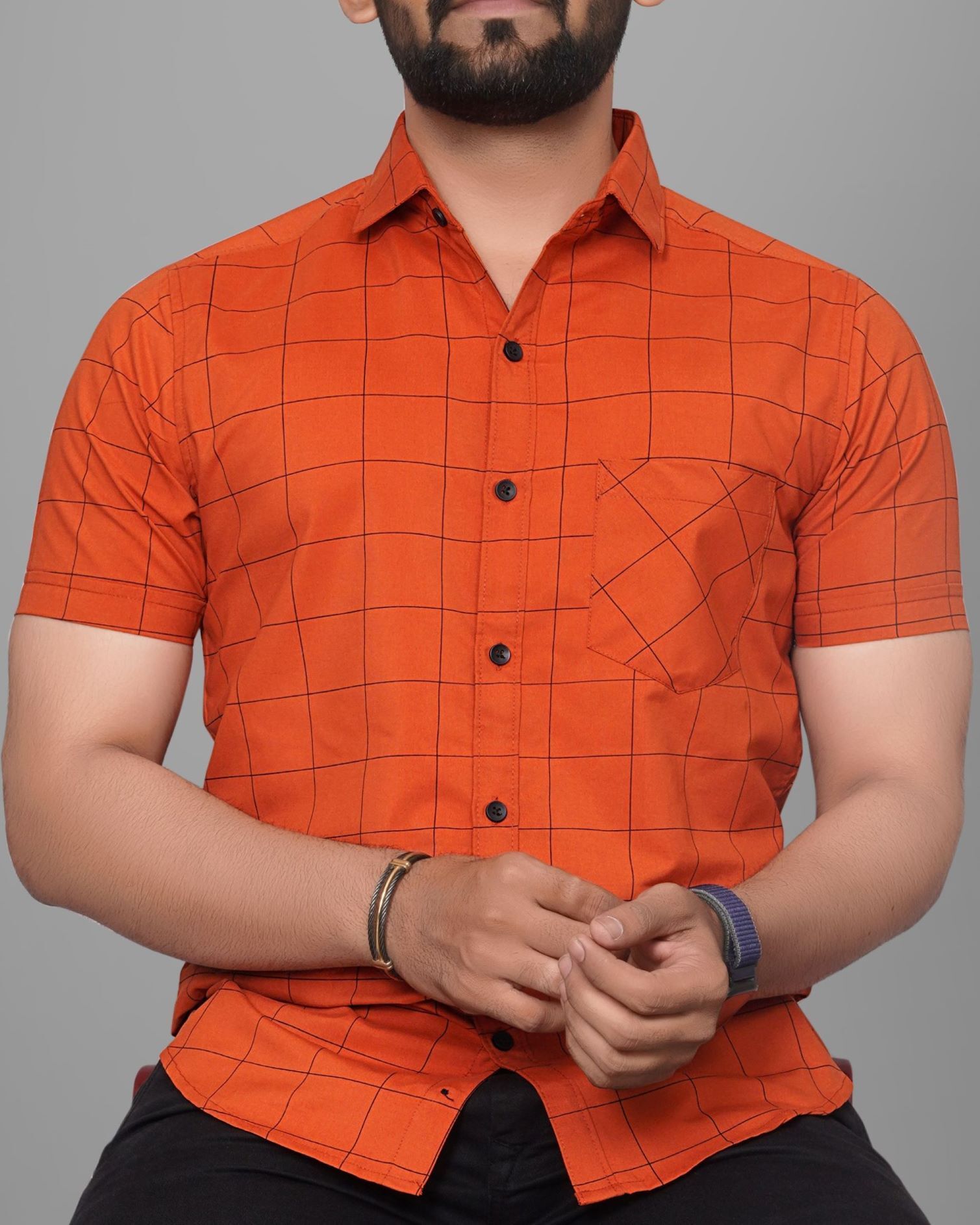 metronaut Men Regular Fit Solid, Checkered Spread Collar Casual Shirt-picture-34