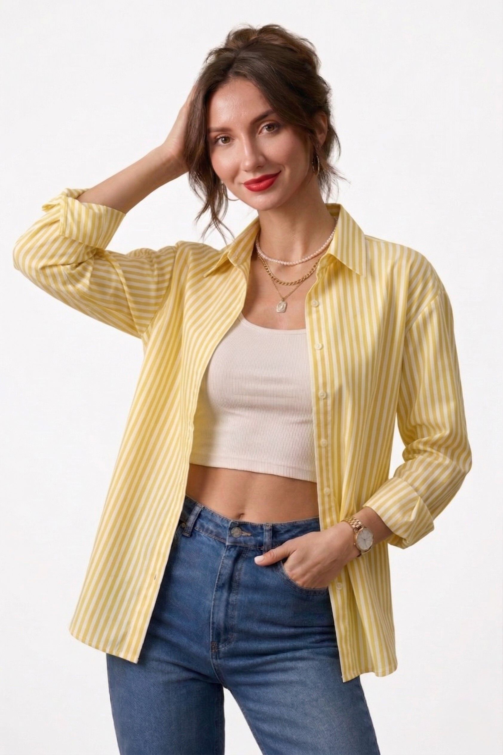string Women Oversized Fit Striped Spread Collar Casual Shirt-picture-14