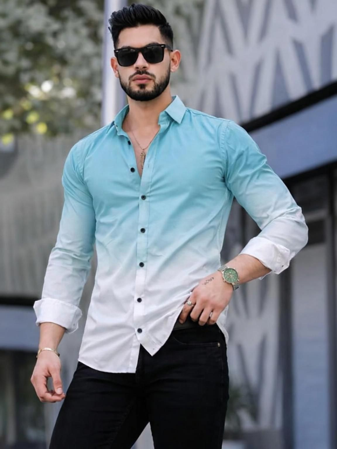 sh fsn Men Regular Fit Dyed/Ombre Spread Collar Casual Shirt-picture-12