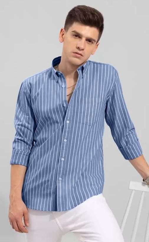 Men Slim Fit Striped Spread Collar Casual Shirt