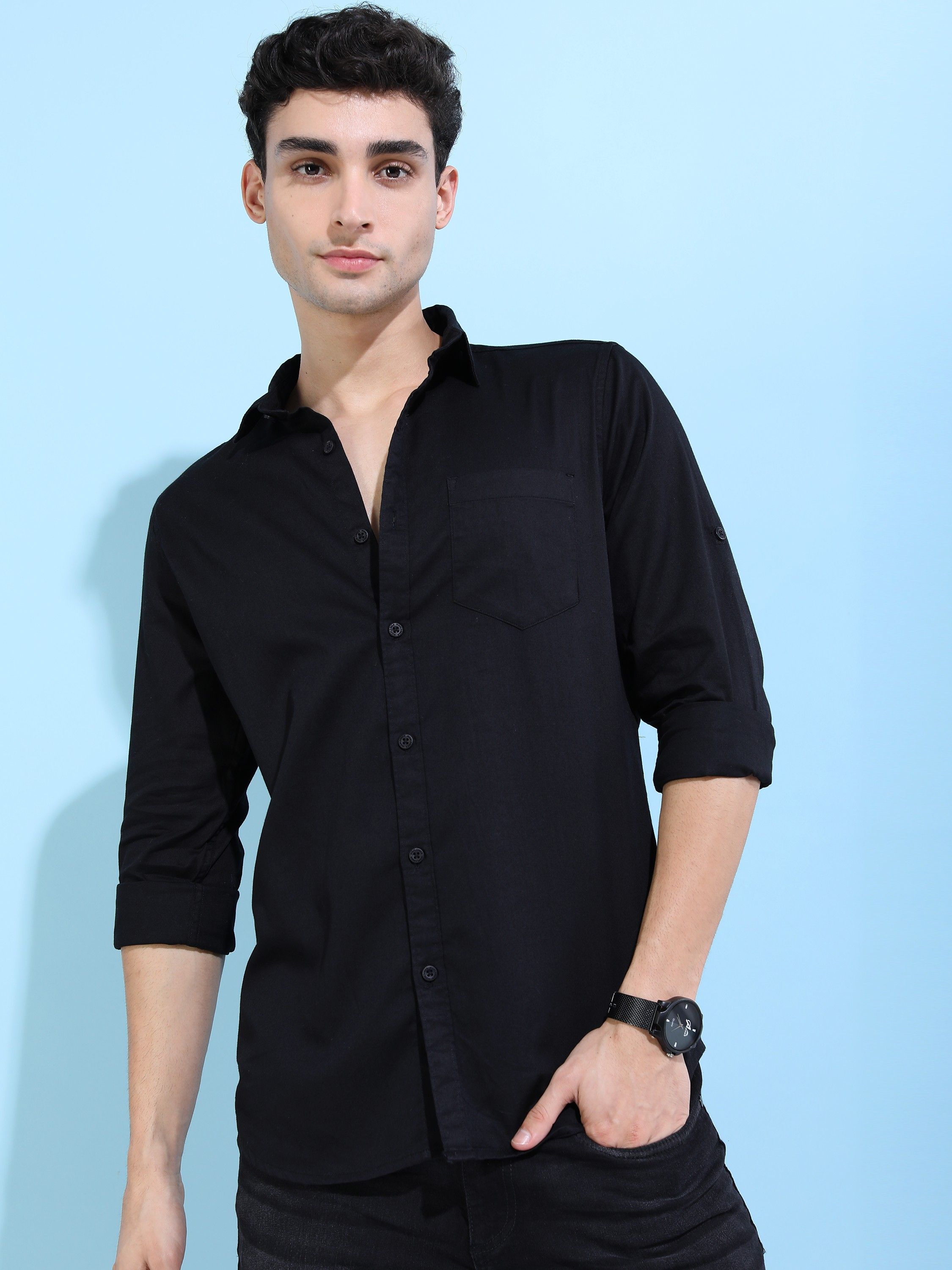Men Slim Fit Solid Mandarin Collar Casual Shirt-image-29