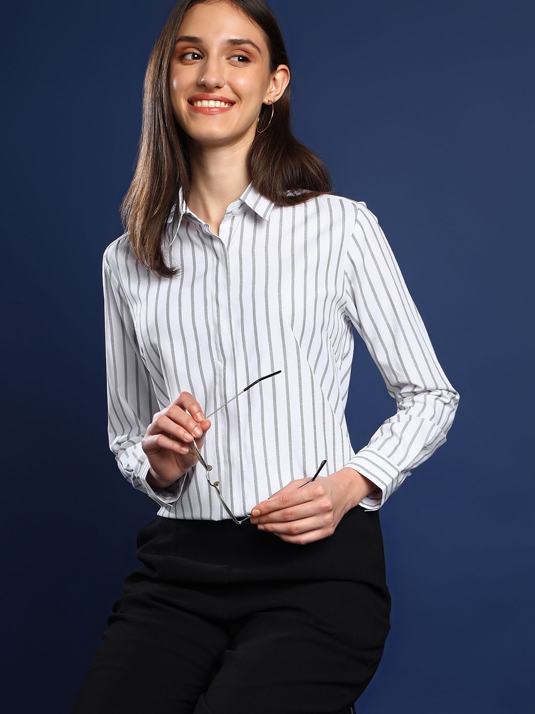 english navy Women Regular Fit Striped Spread Collar Formal Shirt-picture-14