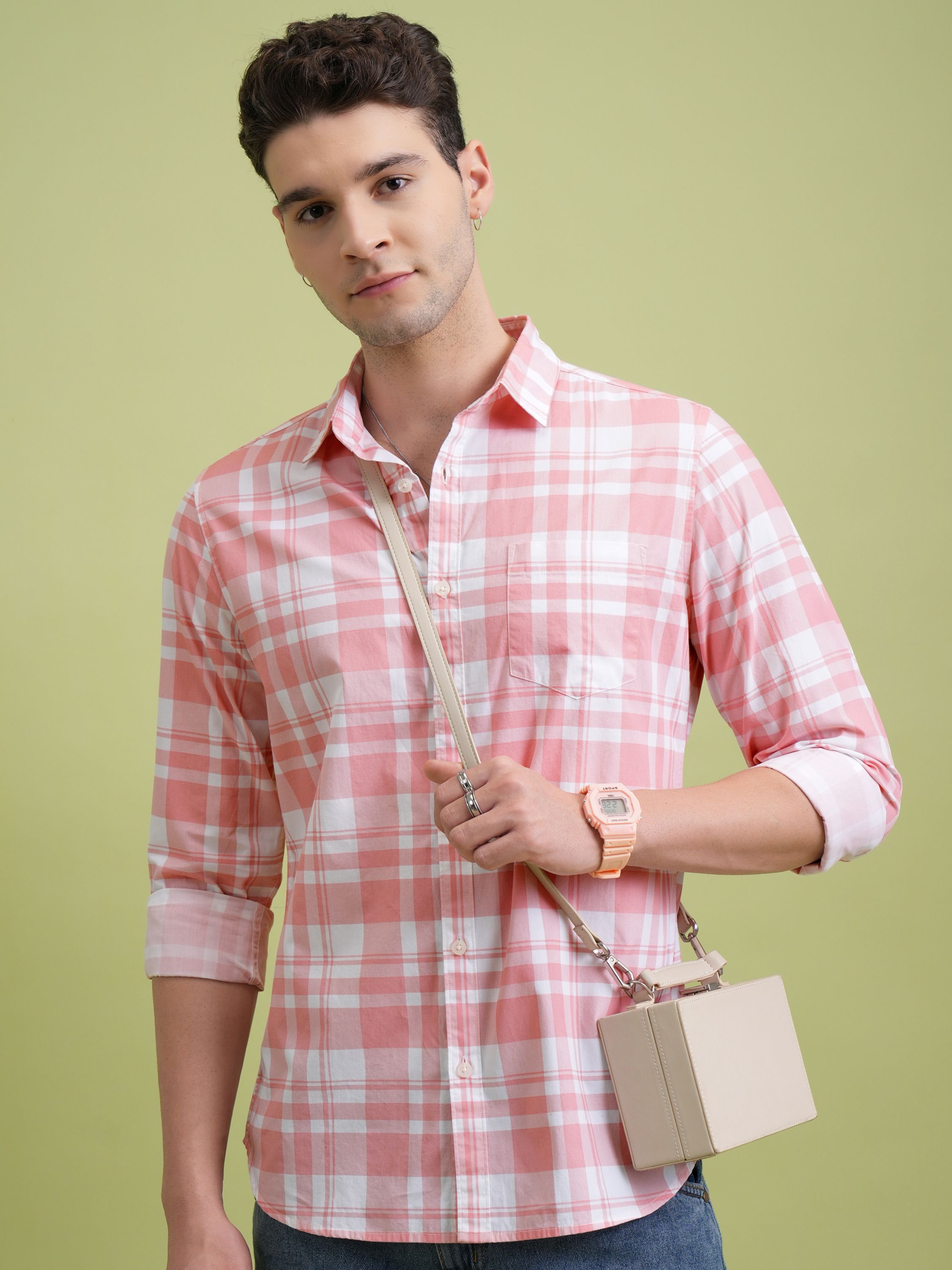 Men Slim Fit Checkered Cut Away Collar Formal Shirt-image-33