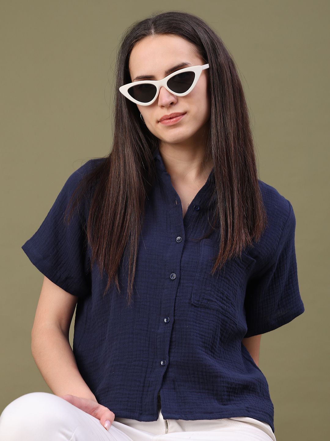 v-mart Women Regular Fit Solid Spread Collar Casual Shirt-picture-9