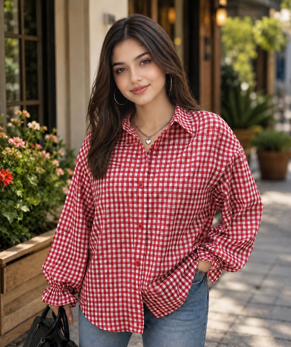 qtsy Women Relaxed Fit Checkered Spread Collar Casual Shirt-picture-11