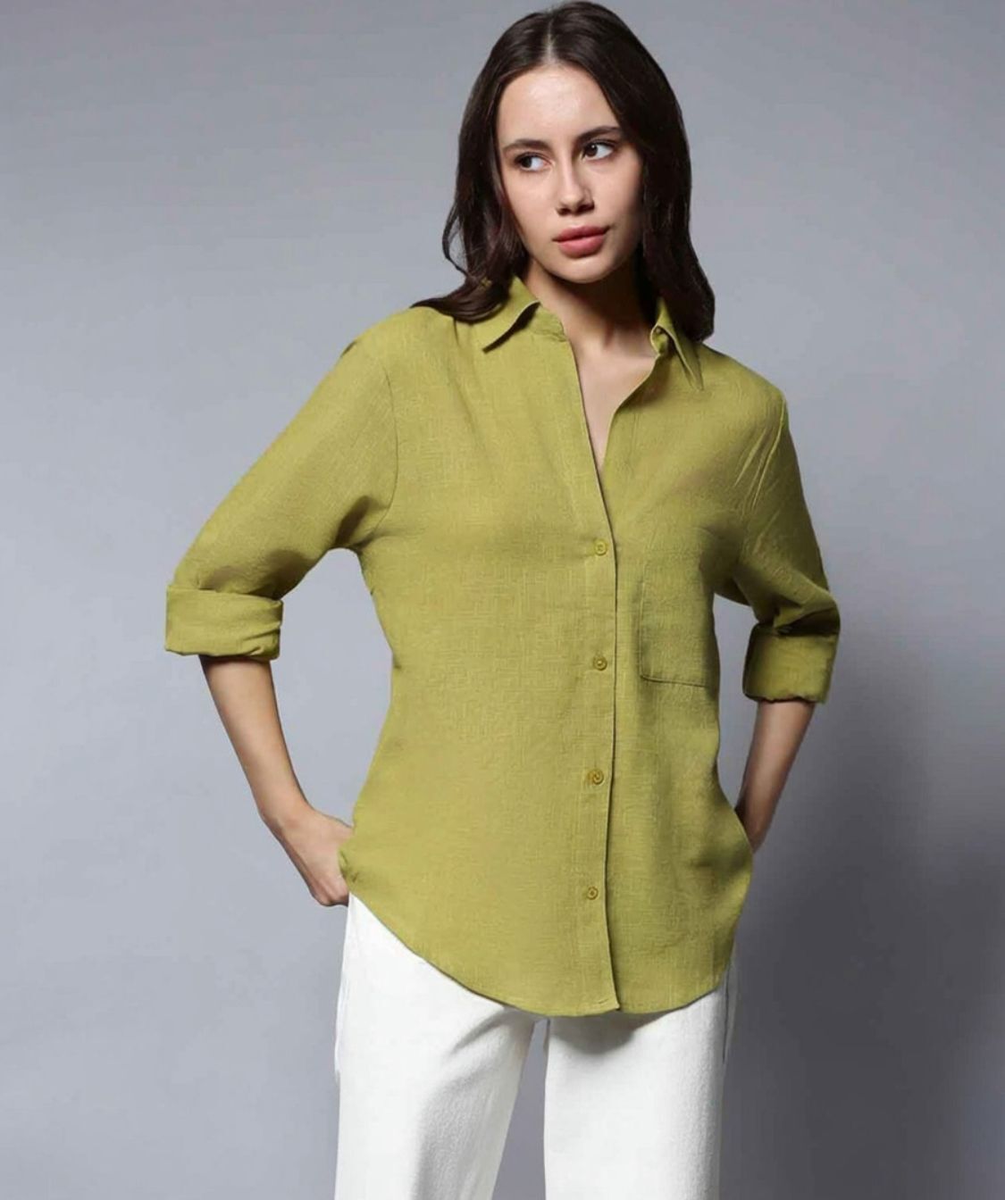Women Boxy Fit Solid Double Collar Casual Shirt