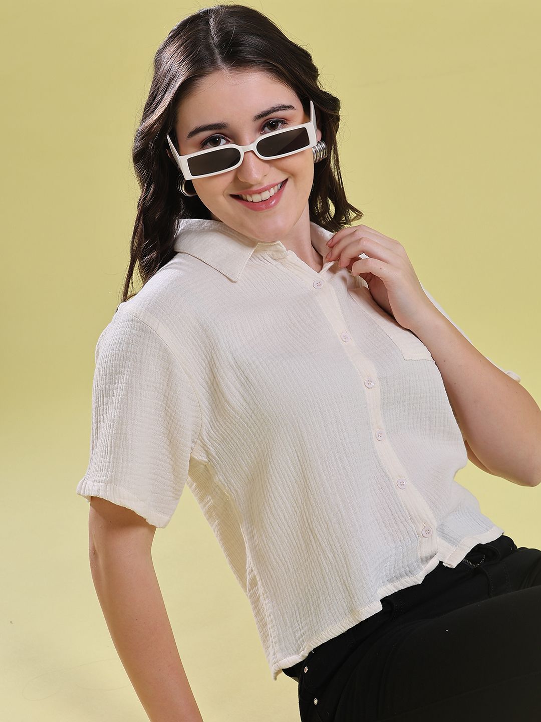v-mart Women Regular Fit Solid Spread Collar Casual Shirt-picture-8