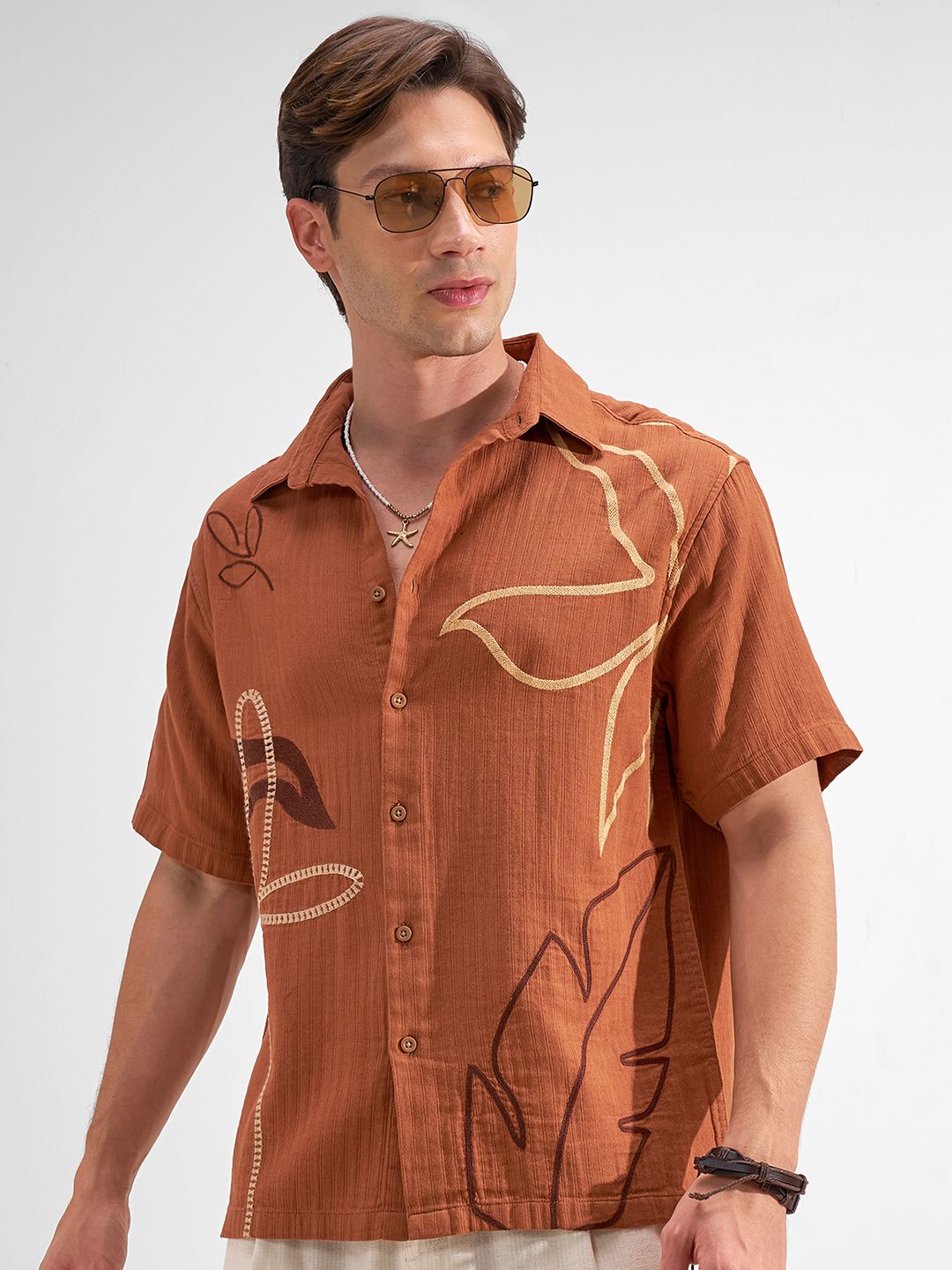 highlander Men Relaxed Fit Fit Self Design Cut Away Collar Casual Shirt-picture-30