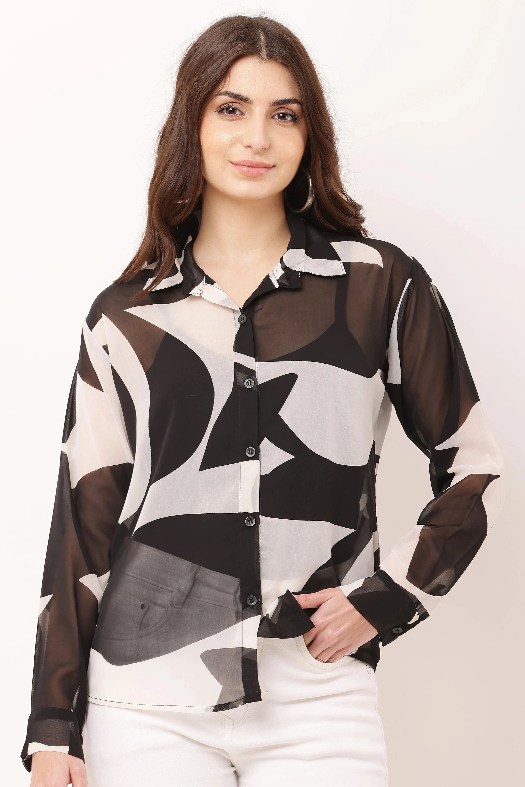 Women Regular Fit Printed Spread Collar Casual Shirt