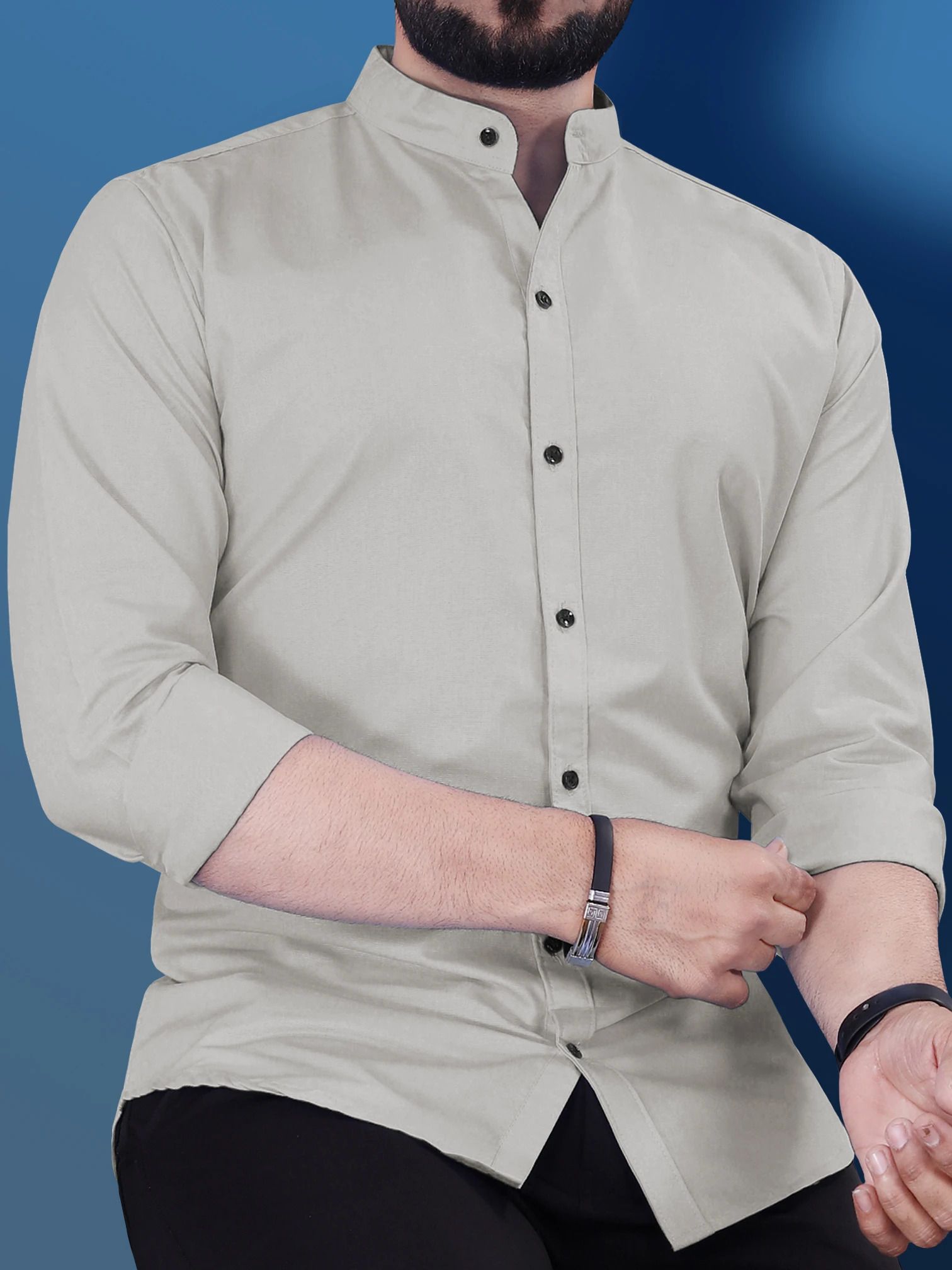 Men Regular Fit Solid Mandarin Collar Casual Shirt