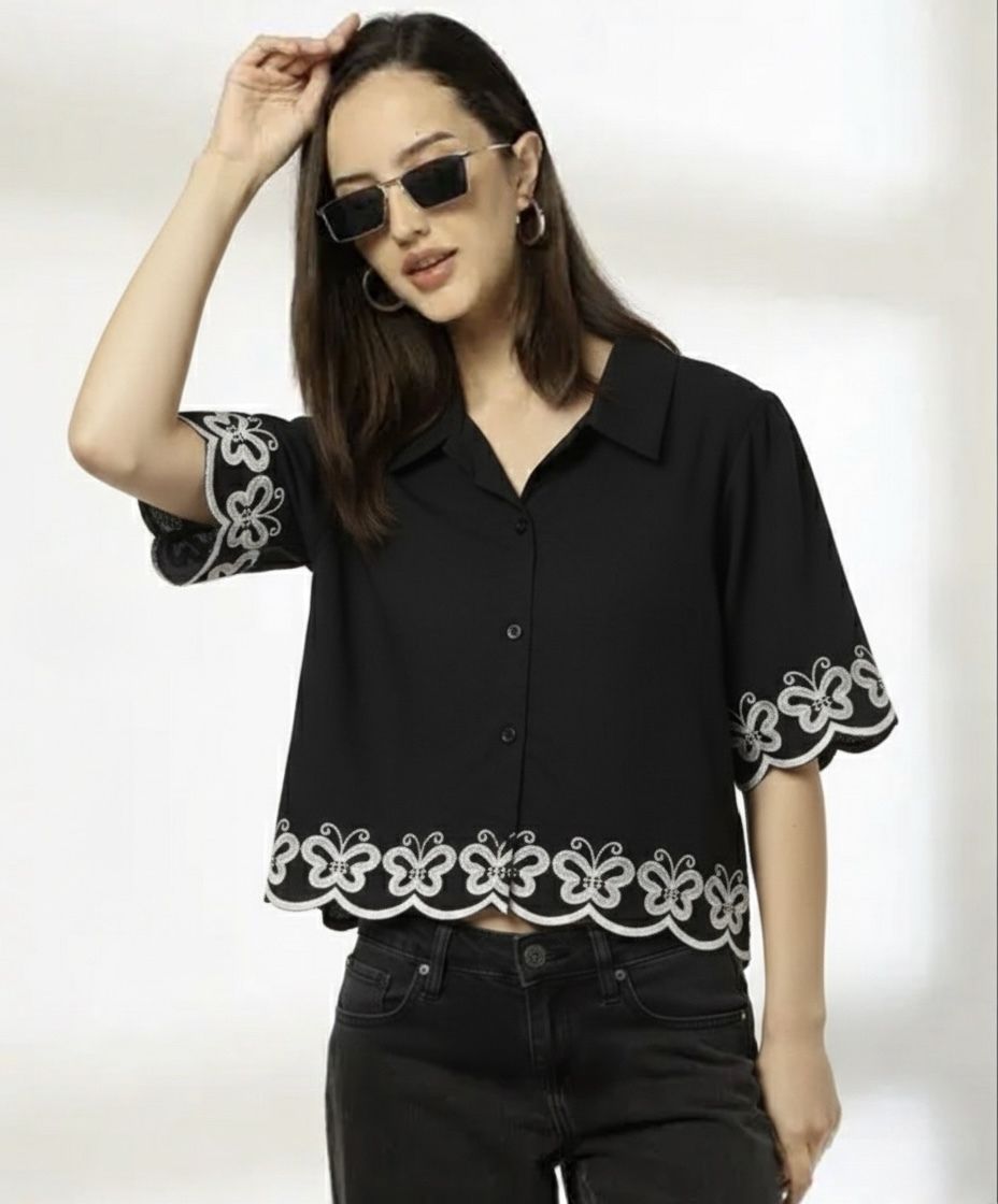 Women Relaxed Fit Fit Embroidered Spread Collar Casual Shirt