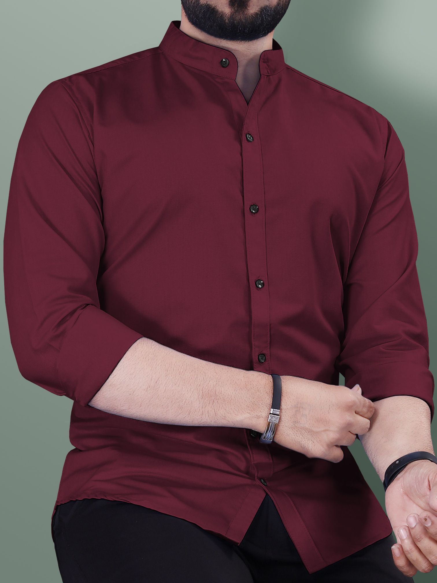 Men Slim Fit Solid Mandarin Collar Casual Shirt