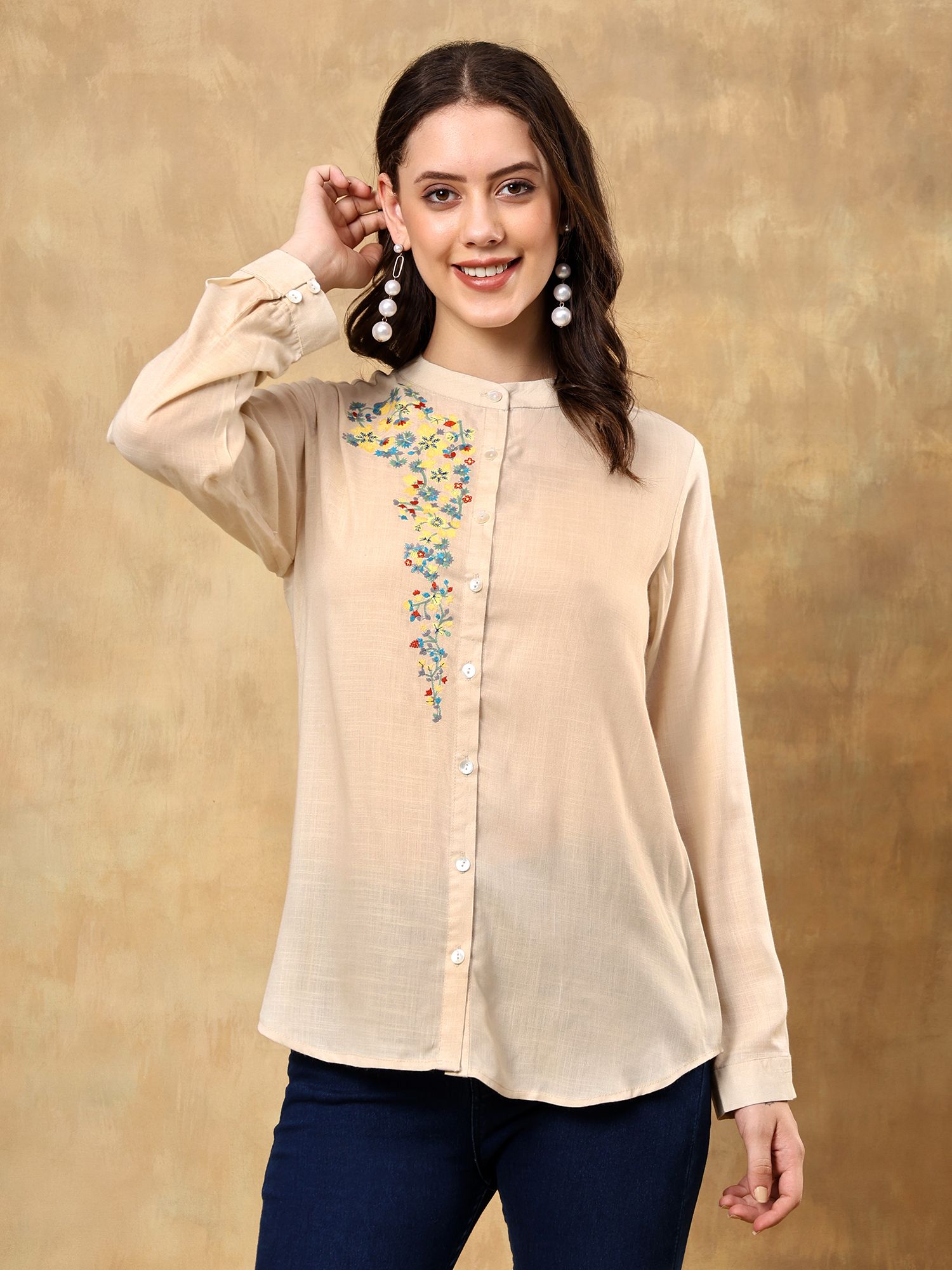 Women Regular Fit Embroidered Mandarin Collar Formal Shirt