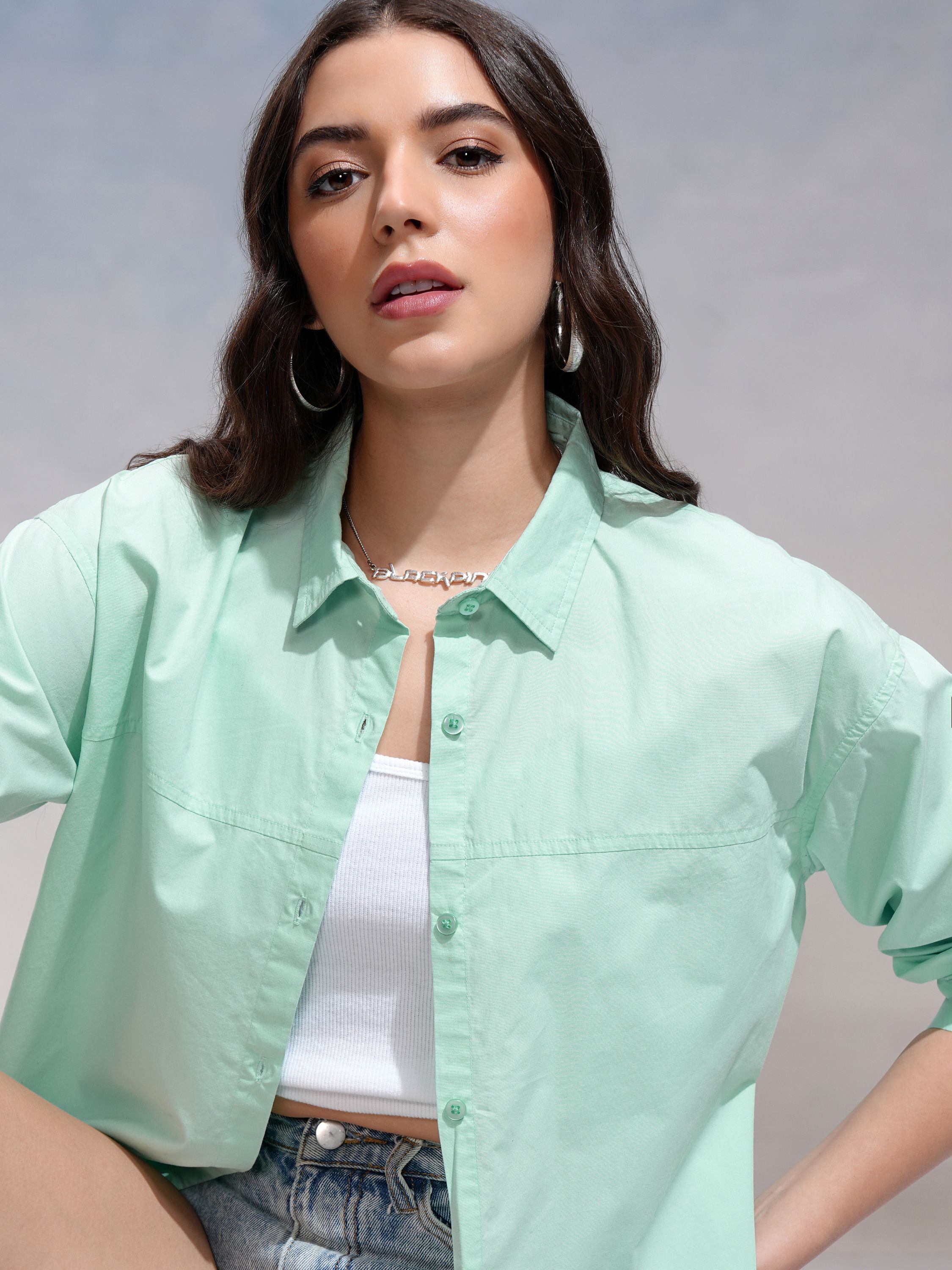 tokyo talkies Women Oversized Fit Solid Cut Away Collar Casual Shirt-picture-13