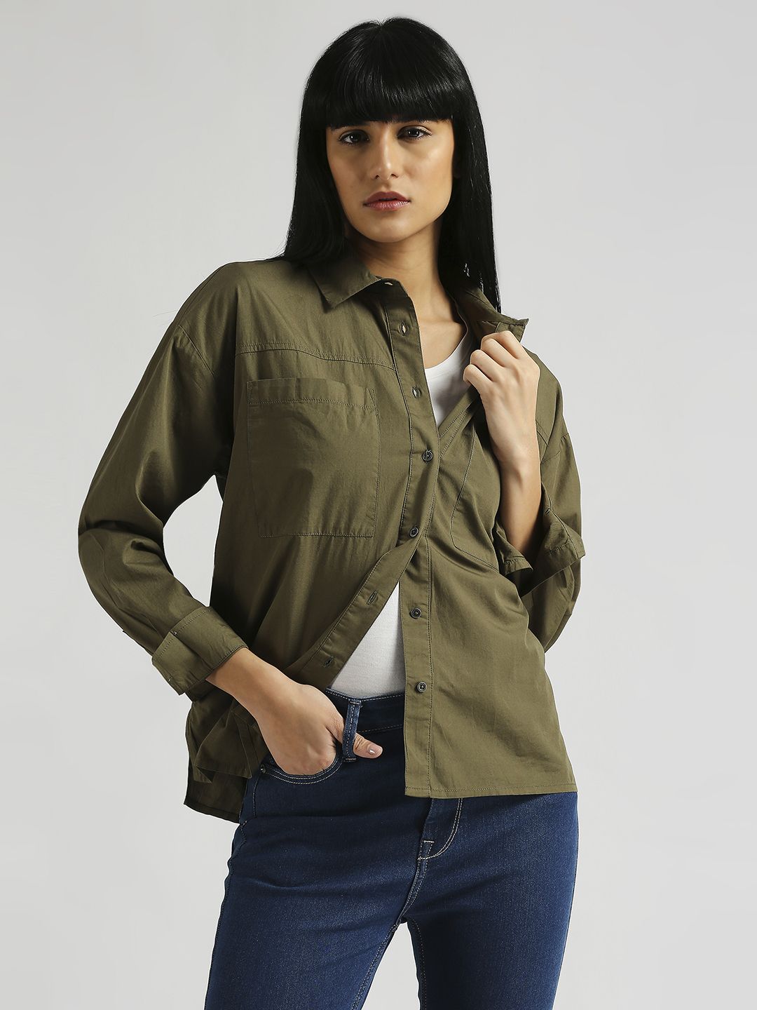 pepe jeans Women Oversized Fit Solid Spread Collar Casual Shirt-picture-11